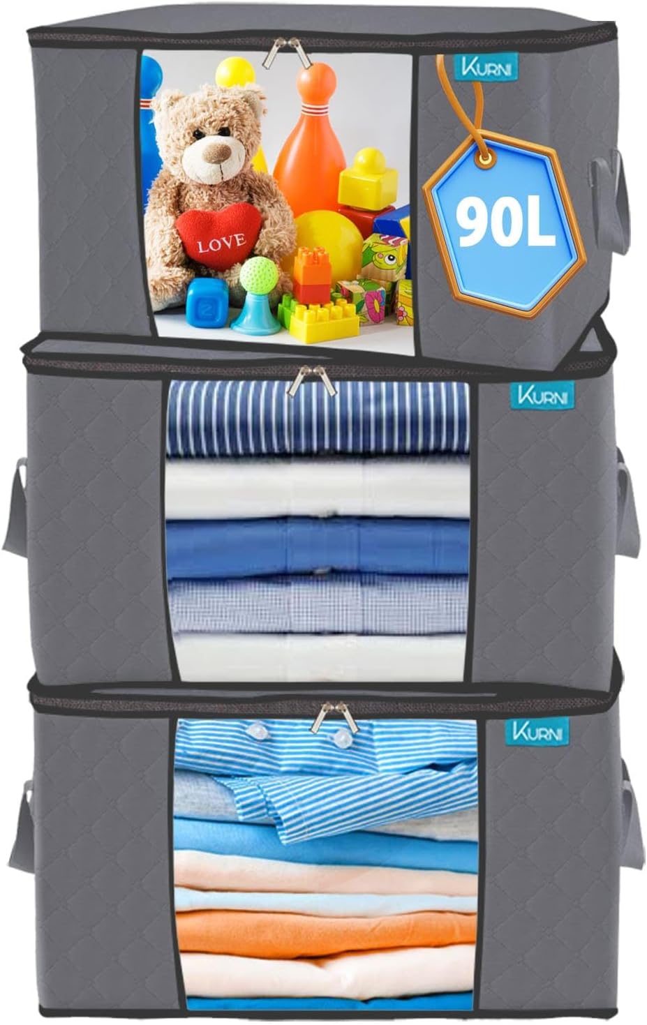 KURNI Storage Bags Clothes Organiser 3 Pack Grey, Large Moving Boxes 90L Capacit...