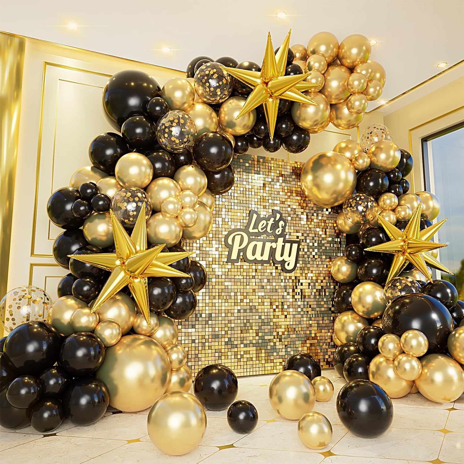 161Pcs Black and Gold Balloons Garland Arch Kit with Starburst Foil Balloons, 5/...