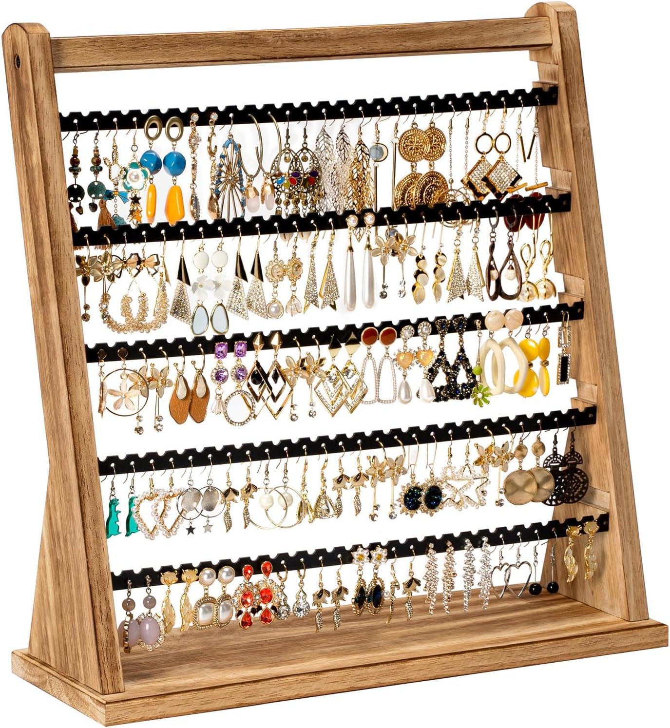 Earring Holder Organizer, Rustic Wood Earring Holder Stand, 5 Layer Jewelry Hold...