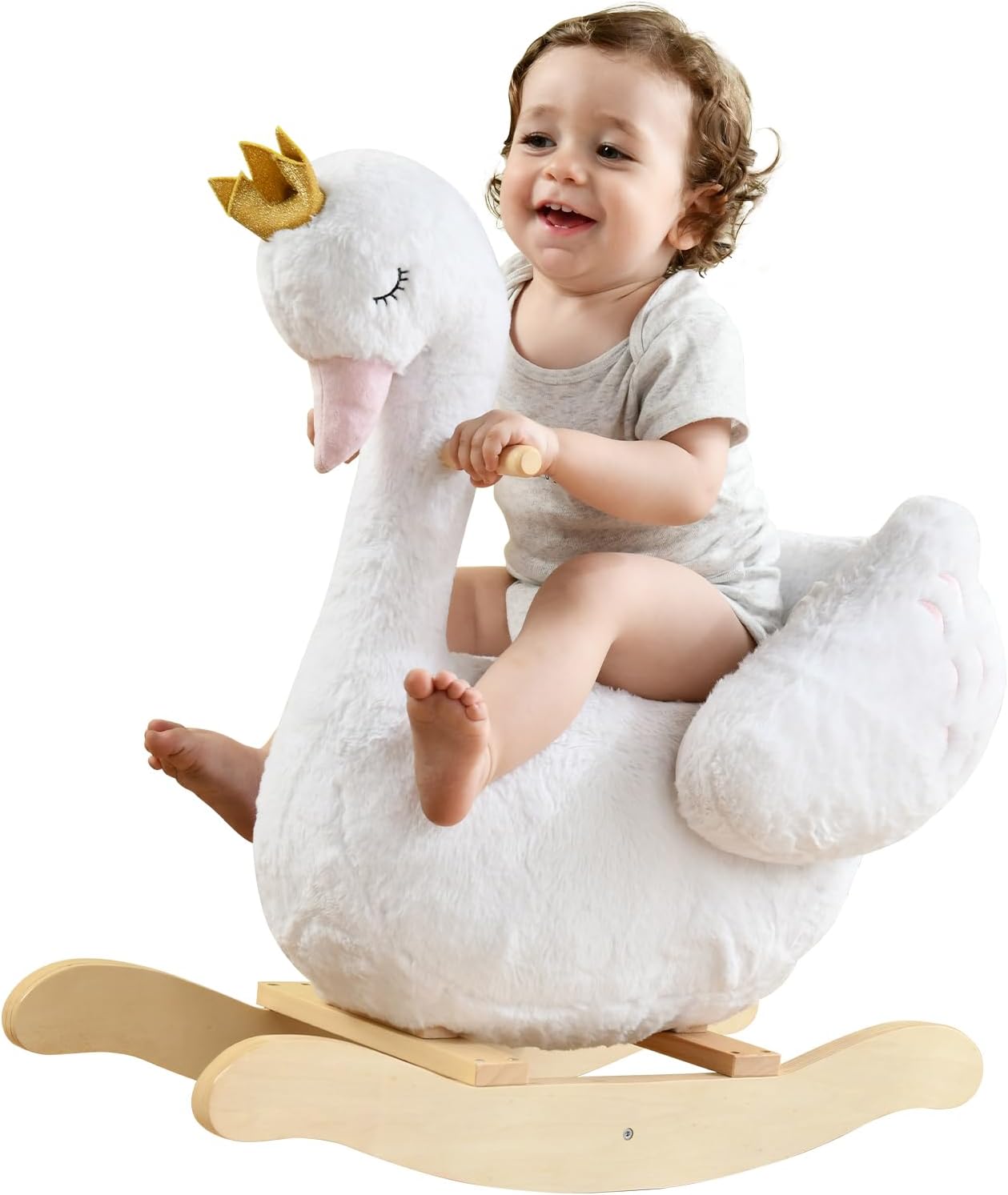 labebe - Plush Rocking Horse Wooden, Baby Riding Animal White Swan, Kid Ride On...