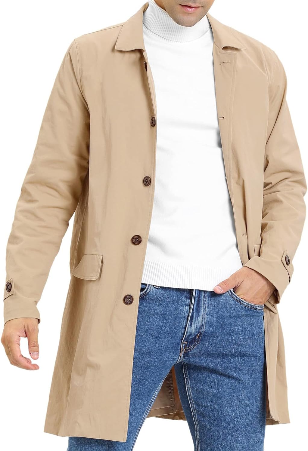Mens Trench Coat Slim Fit Single Breasted Casual Long Jacket Lightweight Lapel F...