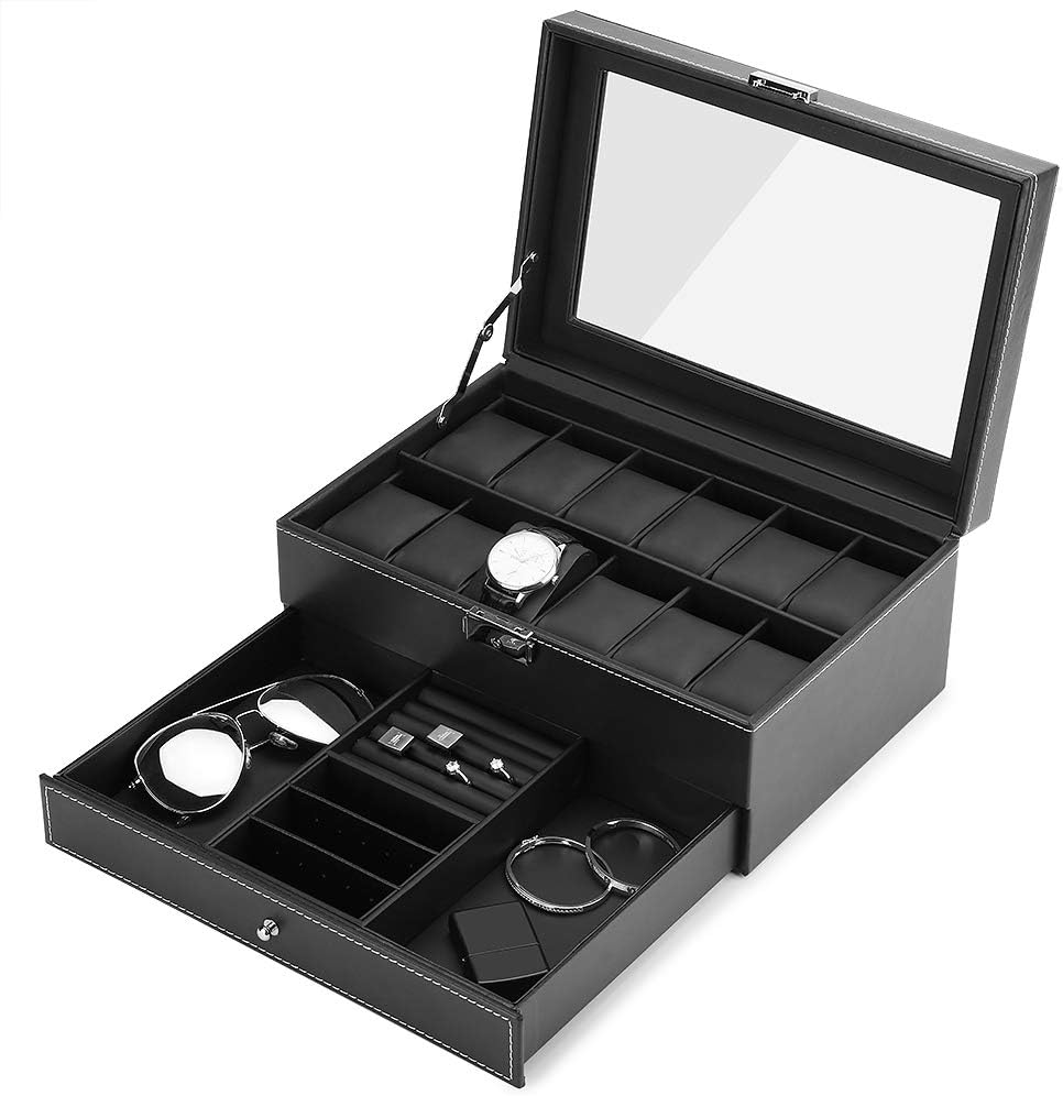 Watch Boxes for Men Women, 12 Slots PU Leather Lockable Watch Storage Boxes with...