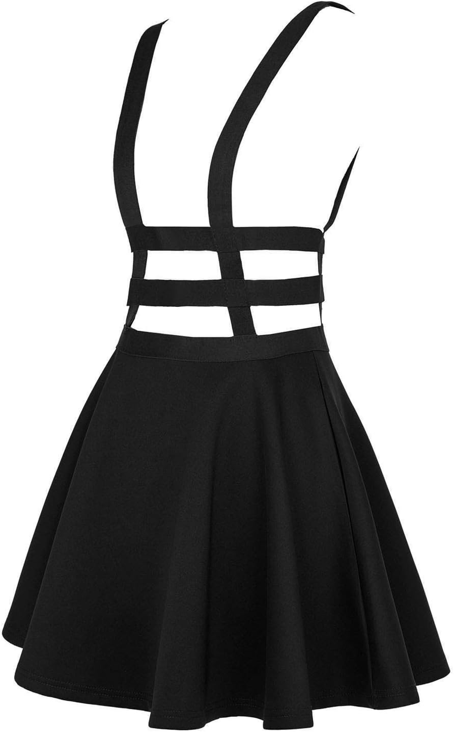 EXCHIC Women's Braces Skirt Pleated A-Line Suspender Mini Skirt Black Large