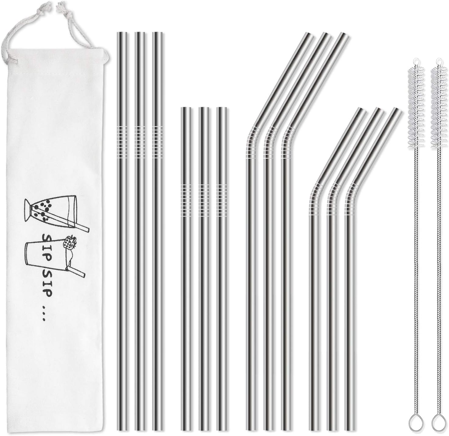 Hiware 12-Pack Reusable Stainless Steel Metal Straws with Case - Long Drinking S...