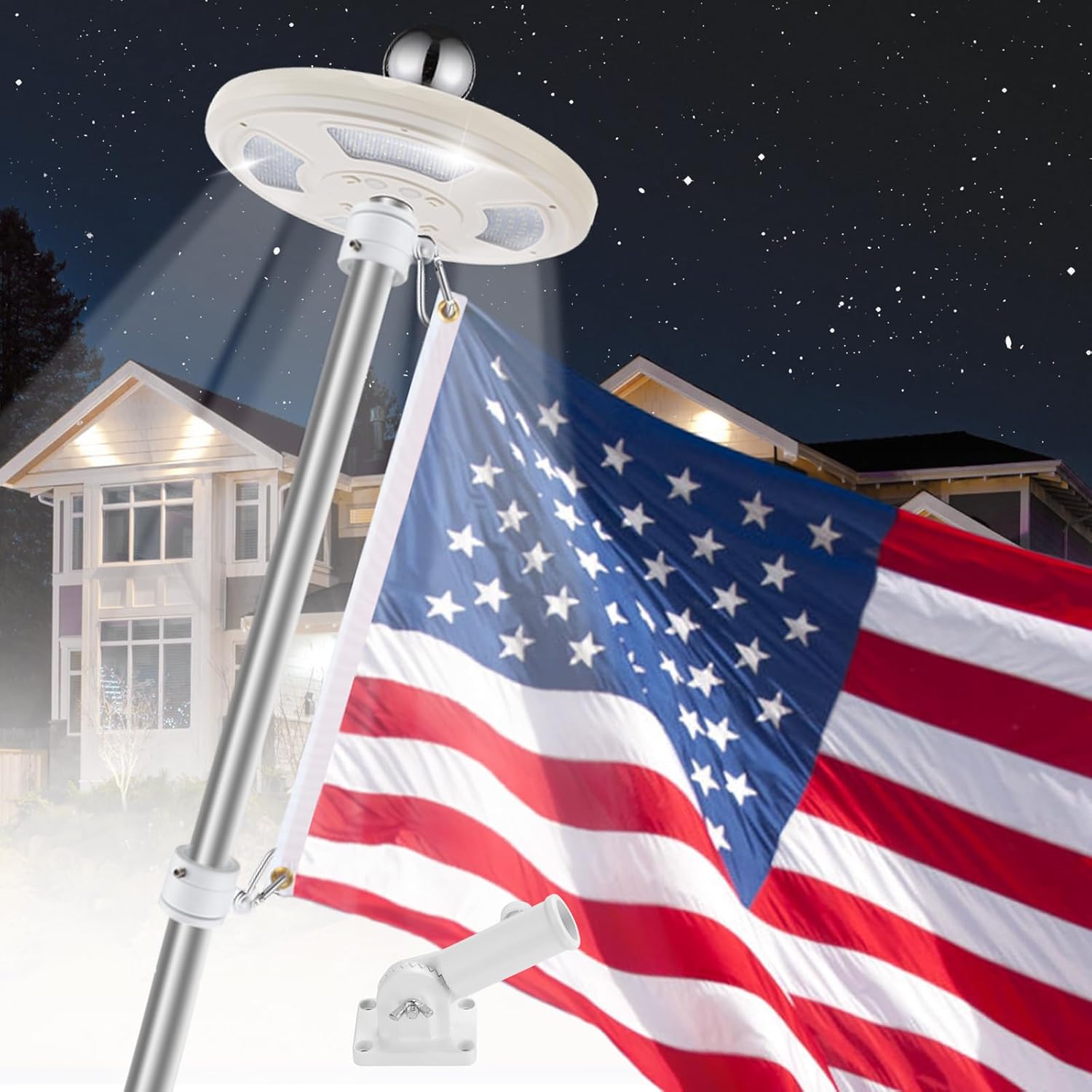 DANF 6FT American Flag Pole Kit with Solar Light for House - 126 LED Light Solar...