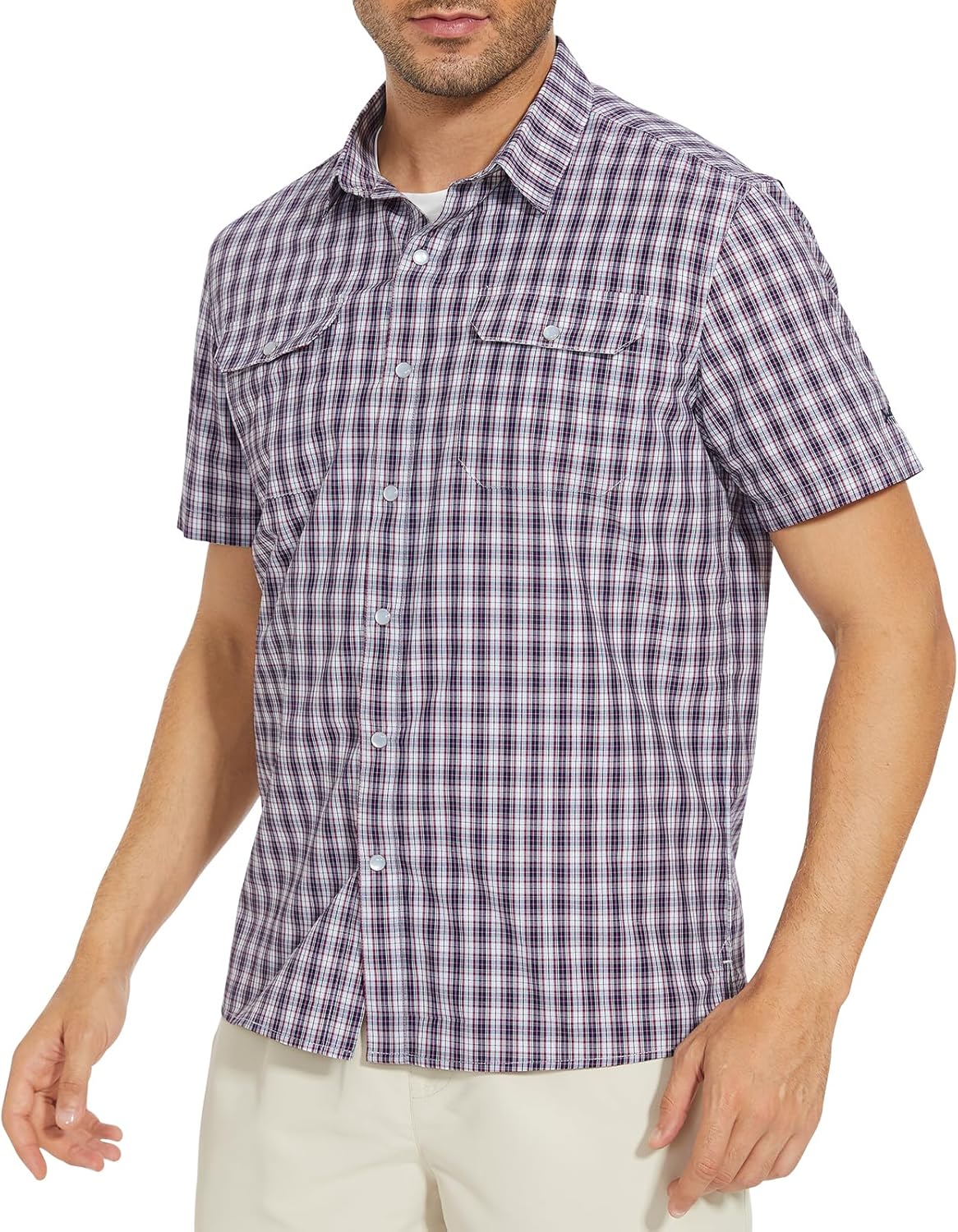 BASSDASH Men's UPF 50+ Short Sleeve Plaid Checkered Snap Button Down Shirt Regul...