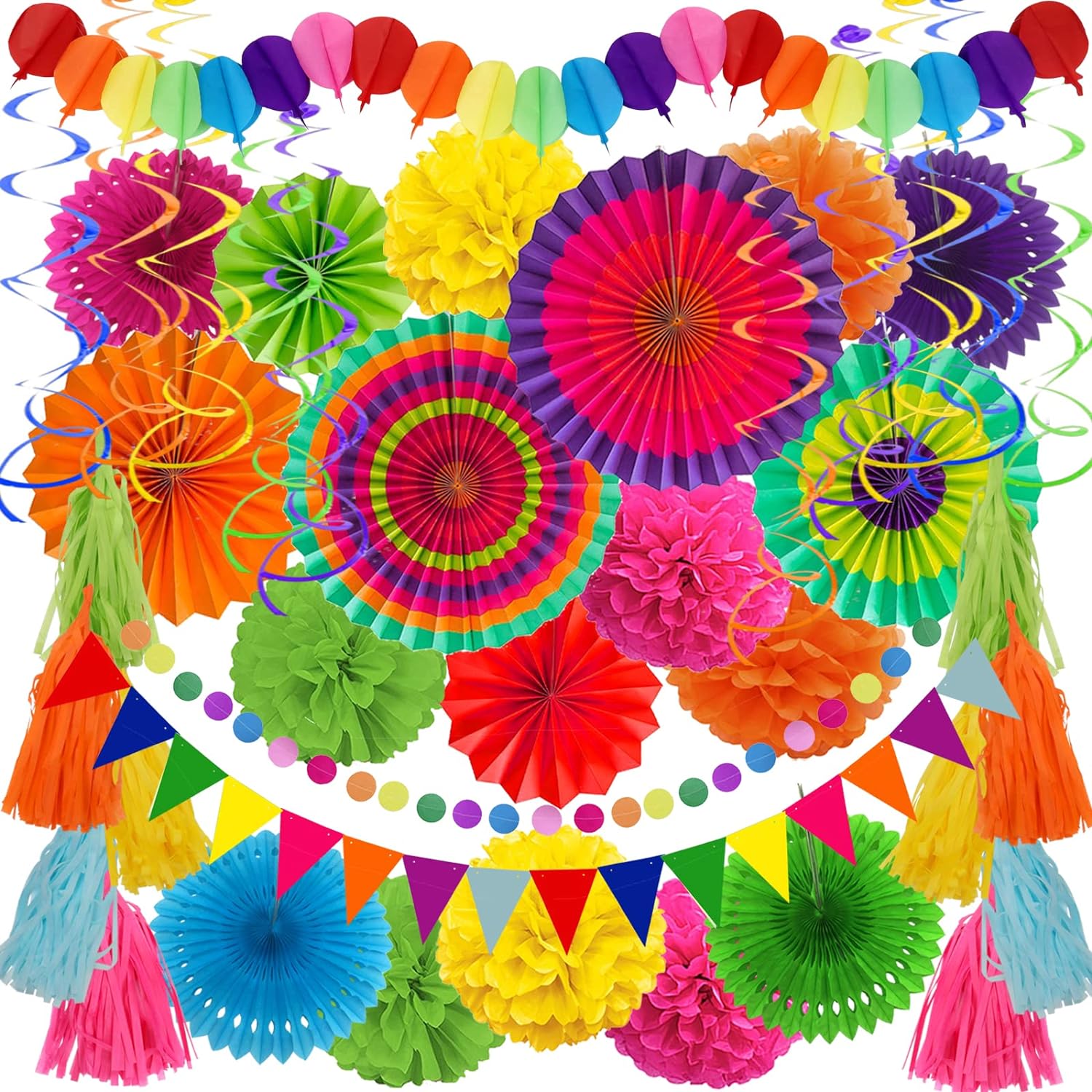 ZERODECO Party Decorations, 41 Pcs Multicoloured Papar Fans Pompoms Garlands Str...