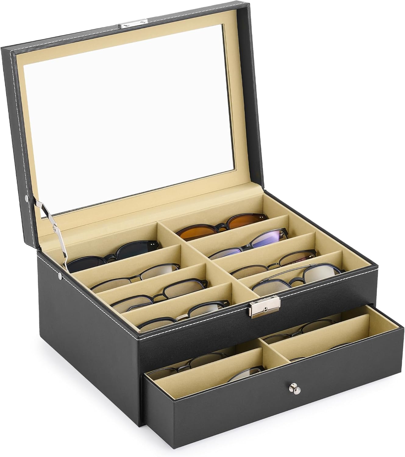 CO-Z 16 Compartment Sunglasses Organizer, Leather Eyeglasses Storage Box for Wom...