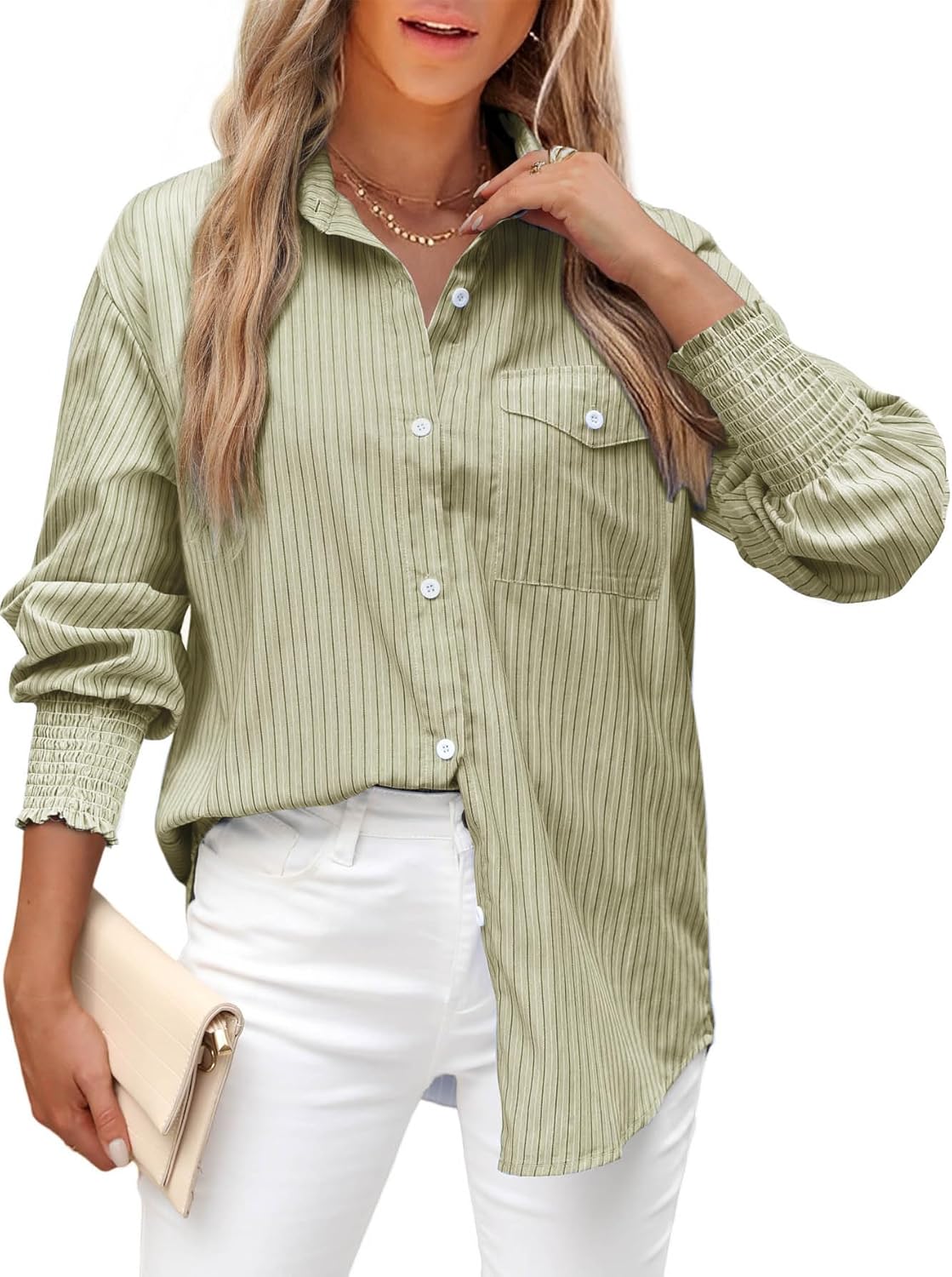 LEMAFER Womens 2024 Smocked Cuffed Striped Boyfriend Shirt Flap Pocket Cotton-Bl...