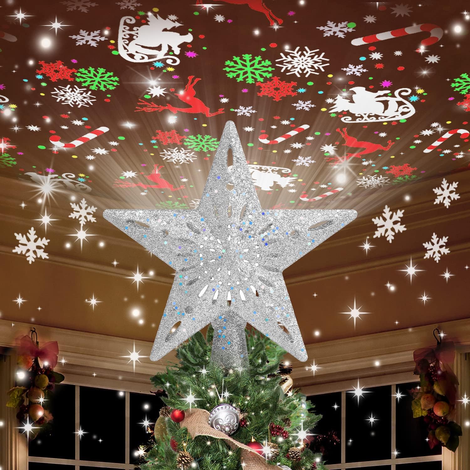 Kesfitt Christmas Tree Topper, Special Xmas Decoration with 6 Projection Modes,...