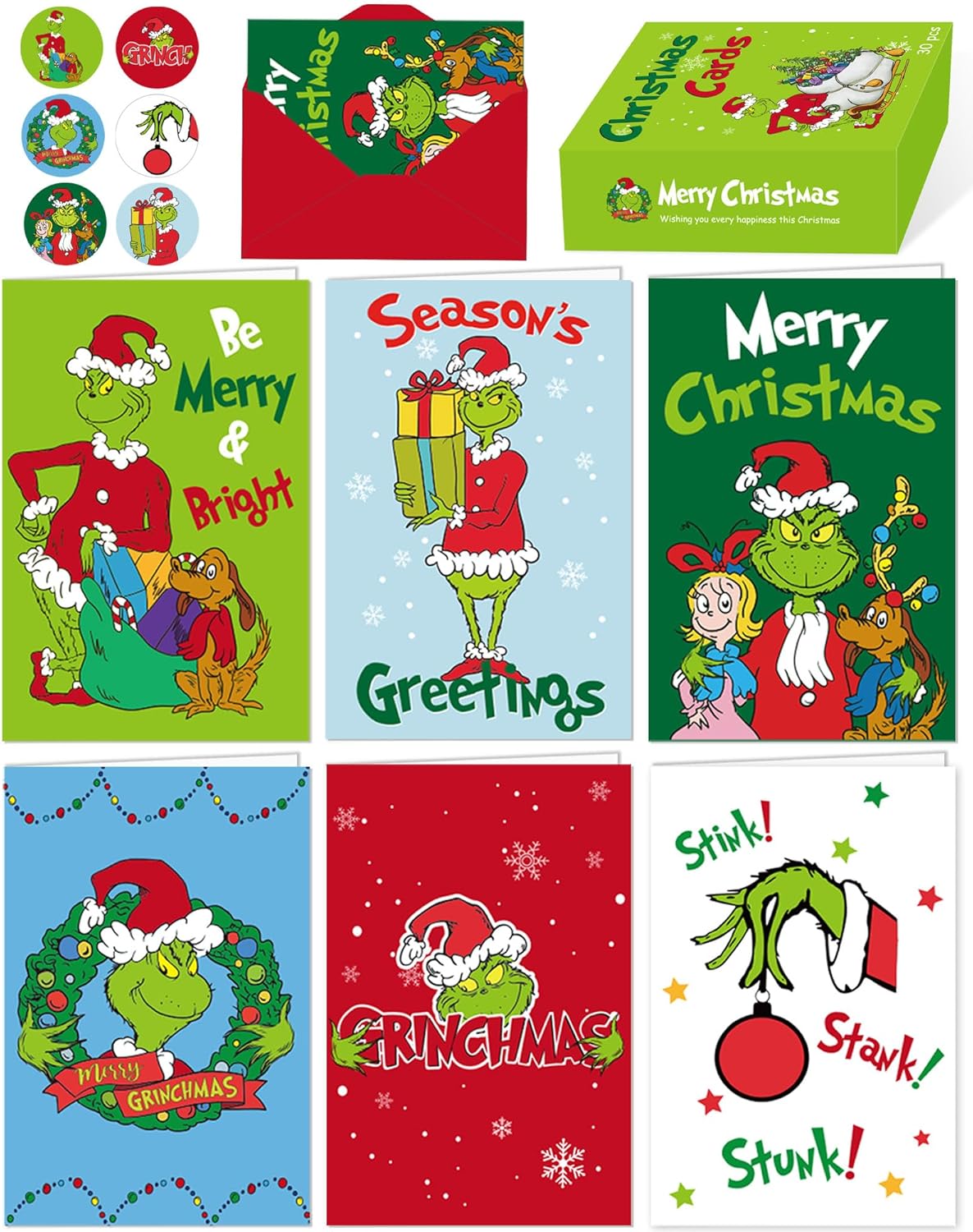 RINOLY Set of 30 Boxed Christmas Cards with Envelopes and Stickers, 6 Assorted D...