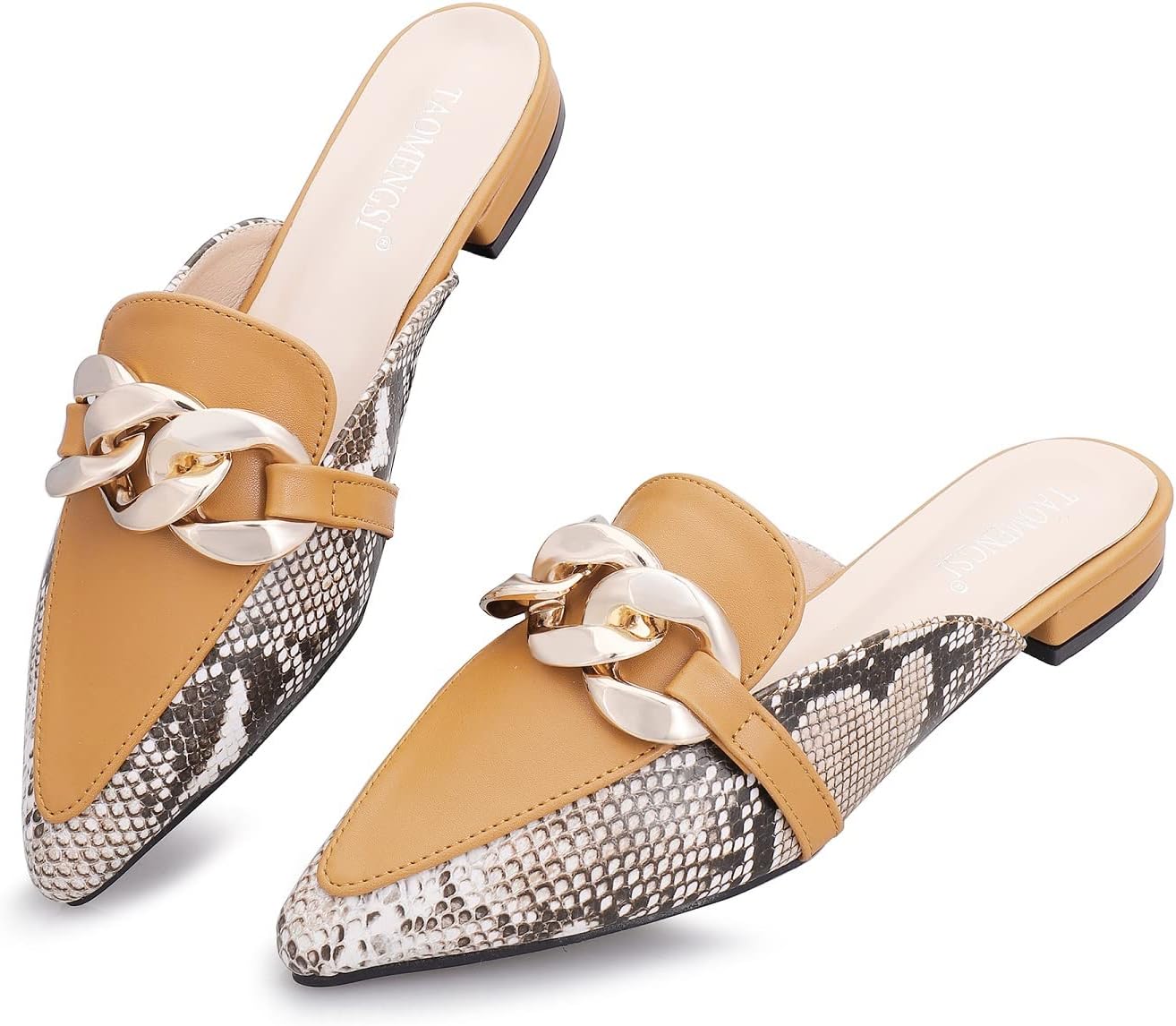 Mules for Women Chain Pointed Toe Flat Slides Mules - Slip on Comfortable Leathe...