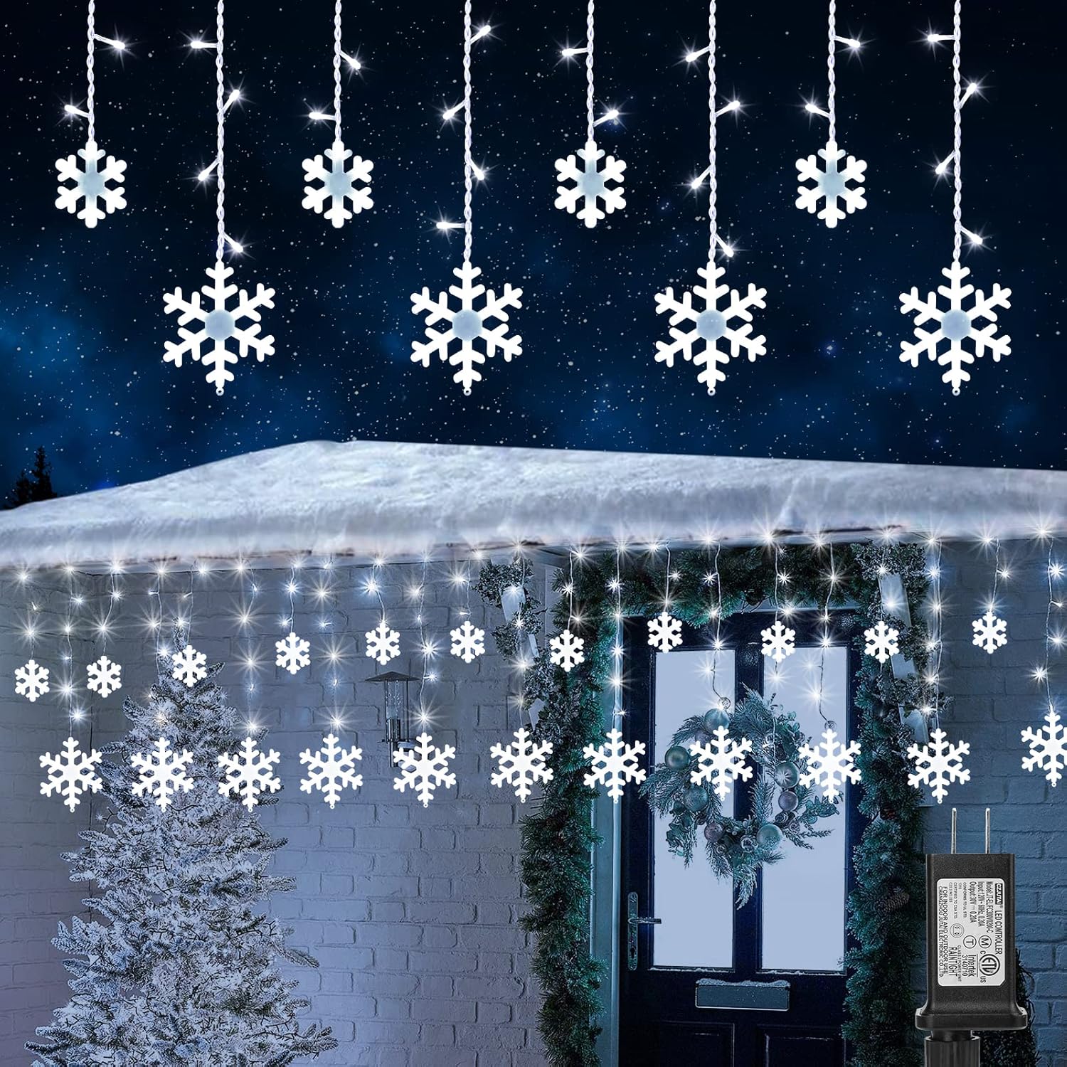 Christmas Snowflake Lights Outdoor, 17.22ft 264 LED Snowflake Icicle Lights with...