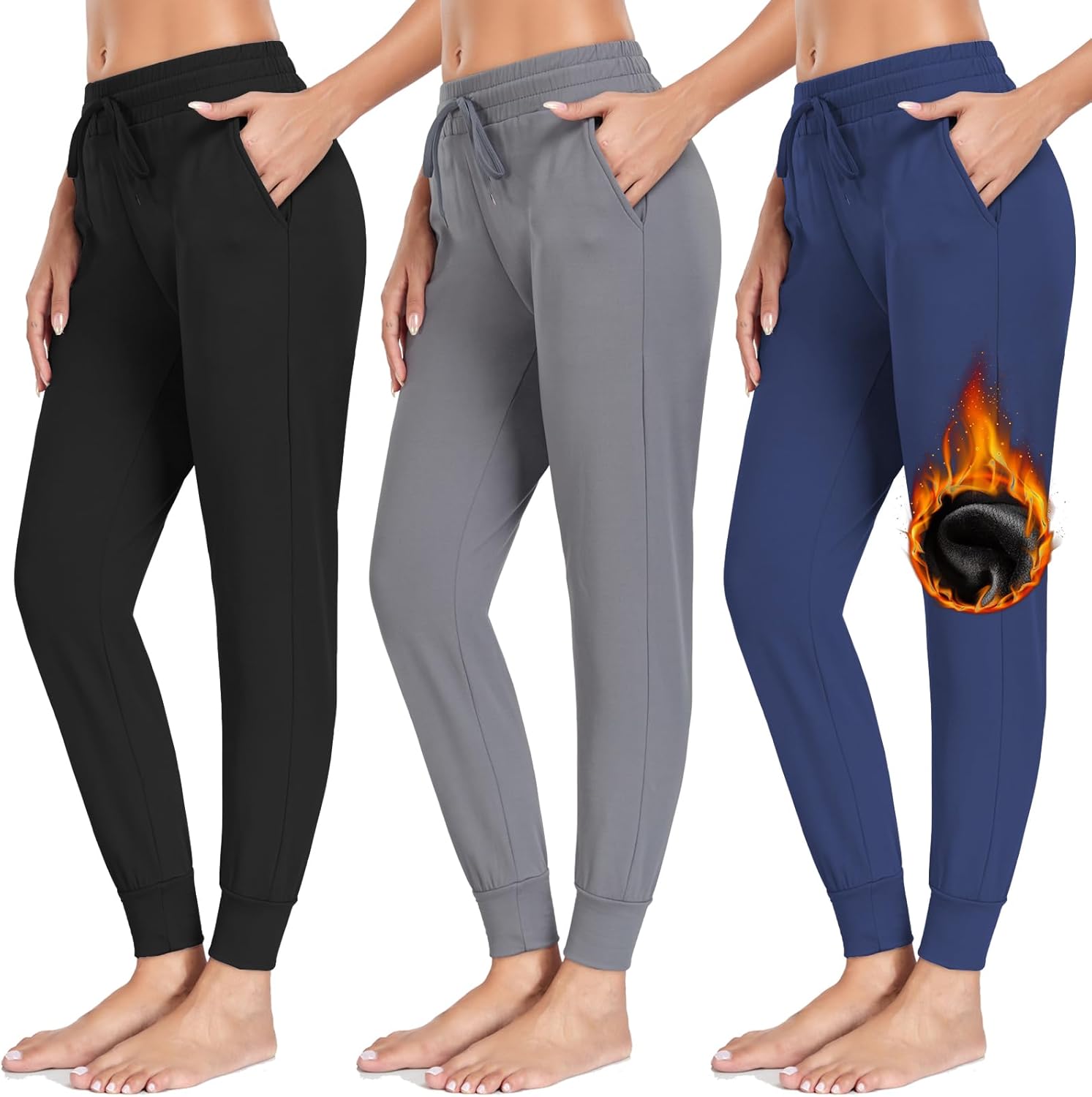 NEW YOUNG 3 Pack Fleece Lined Sweatpants for Women-Womens Joggers Pants with Poc...
