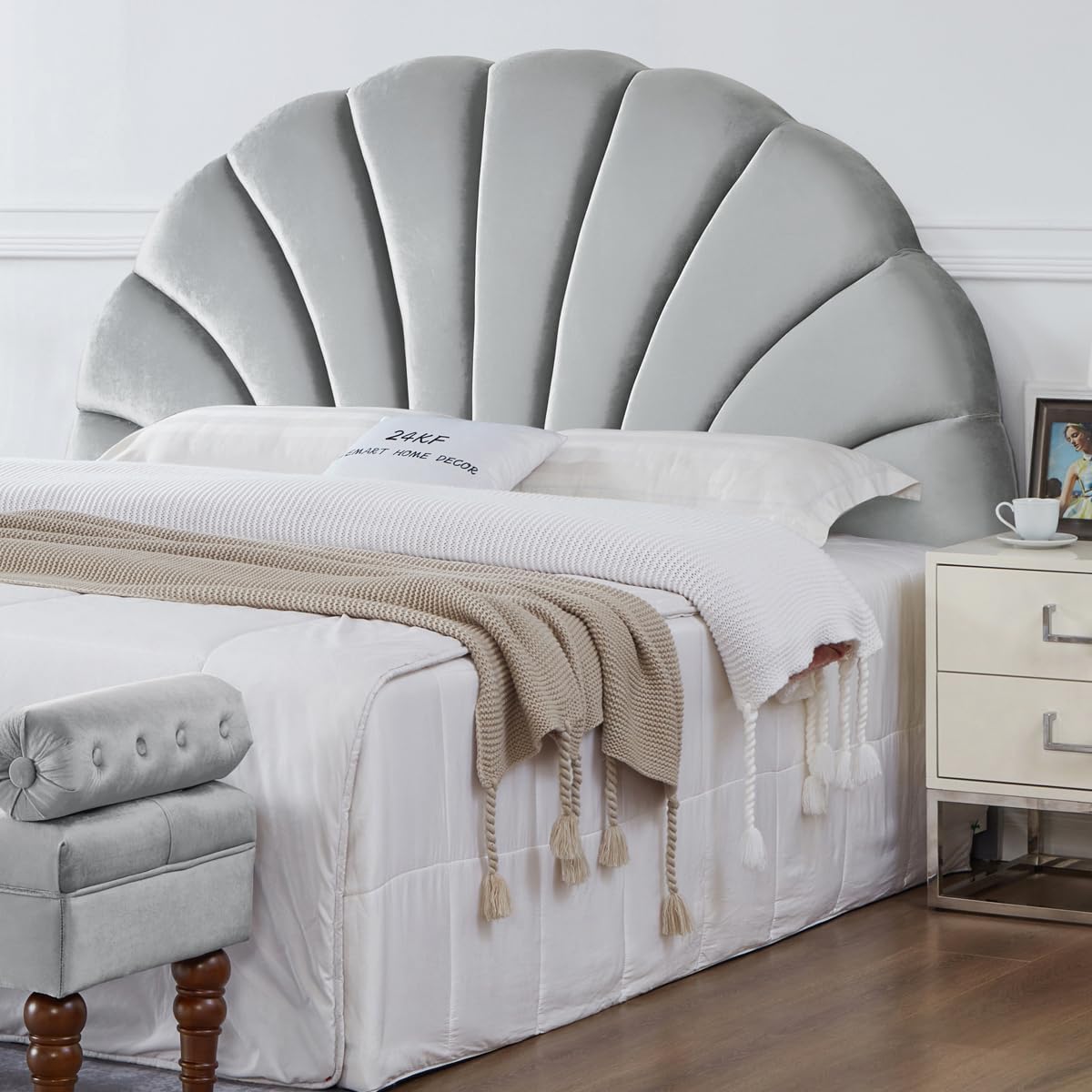 24KF Stunning Crown Design King Headboard, Upholstered Soft Velvet Petal Pattern...