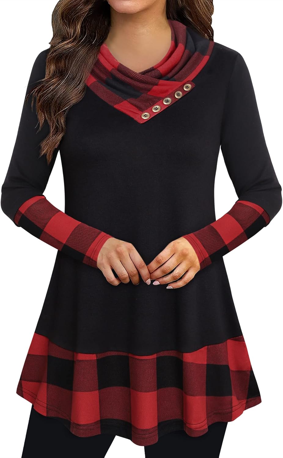 Cowl Neck Tunics Long Sleeve Patchwork Form Fitting Casual A-Line Top Blouse Bla...