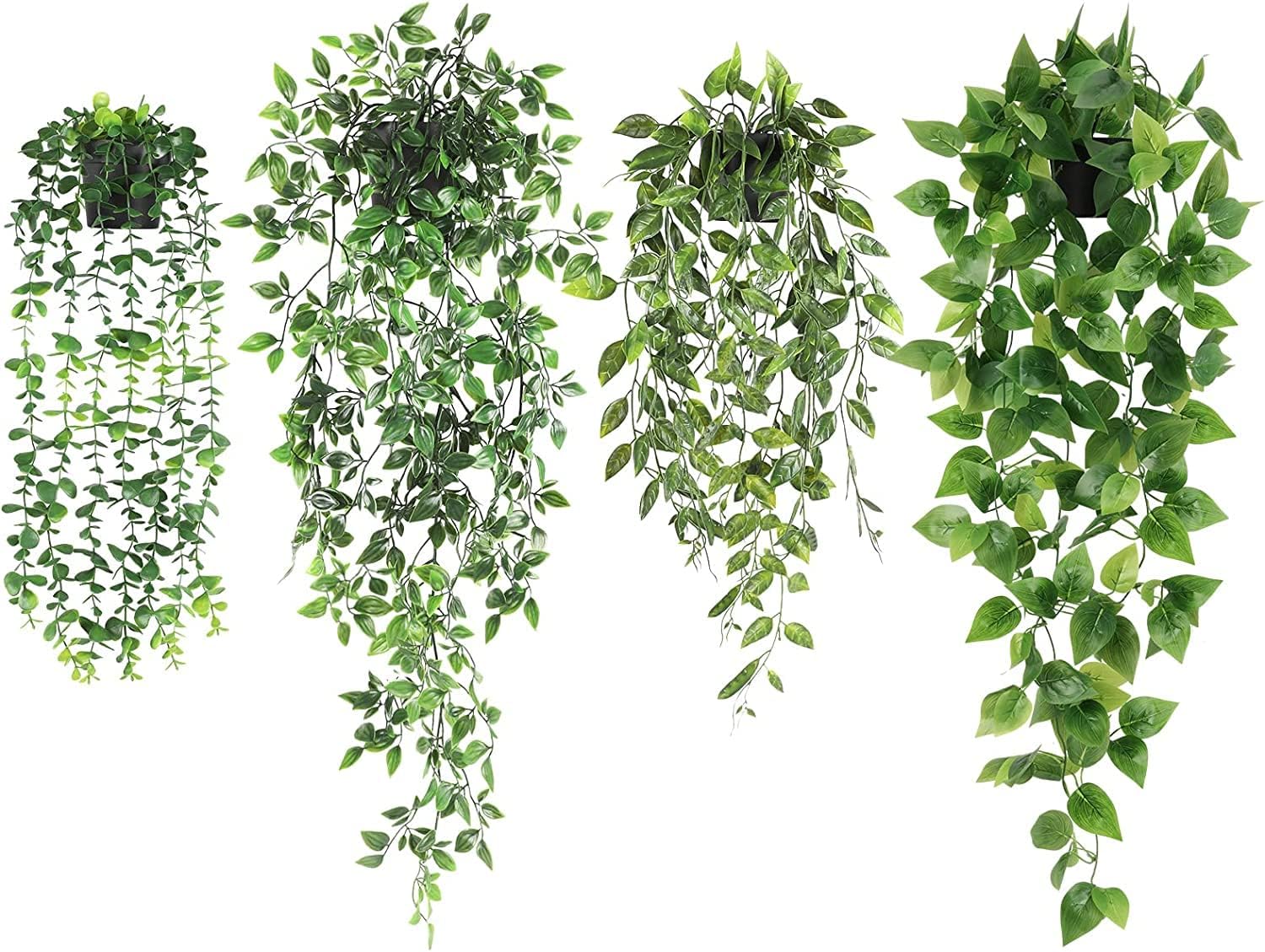 Koksi 4-Pack Artificial Hanging Plant with Pots- Realistic Green Plants Flowers...