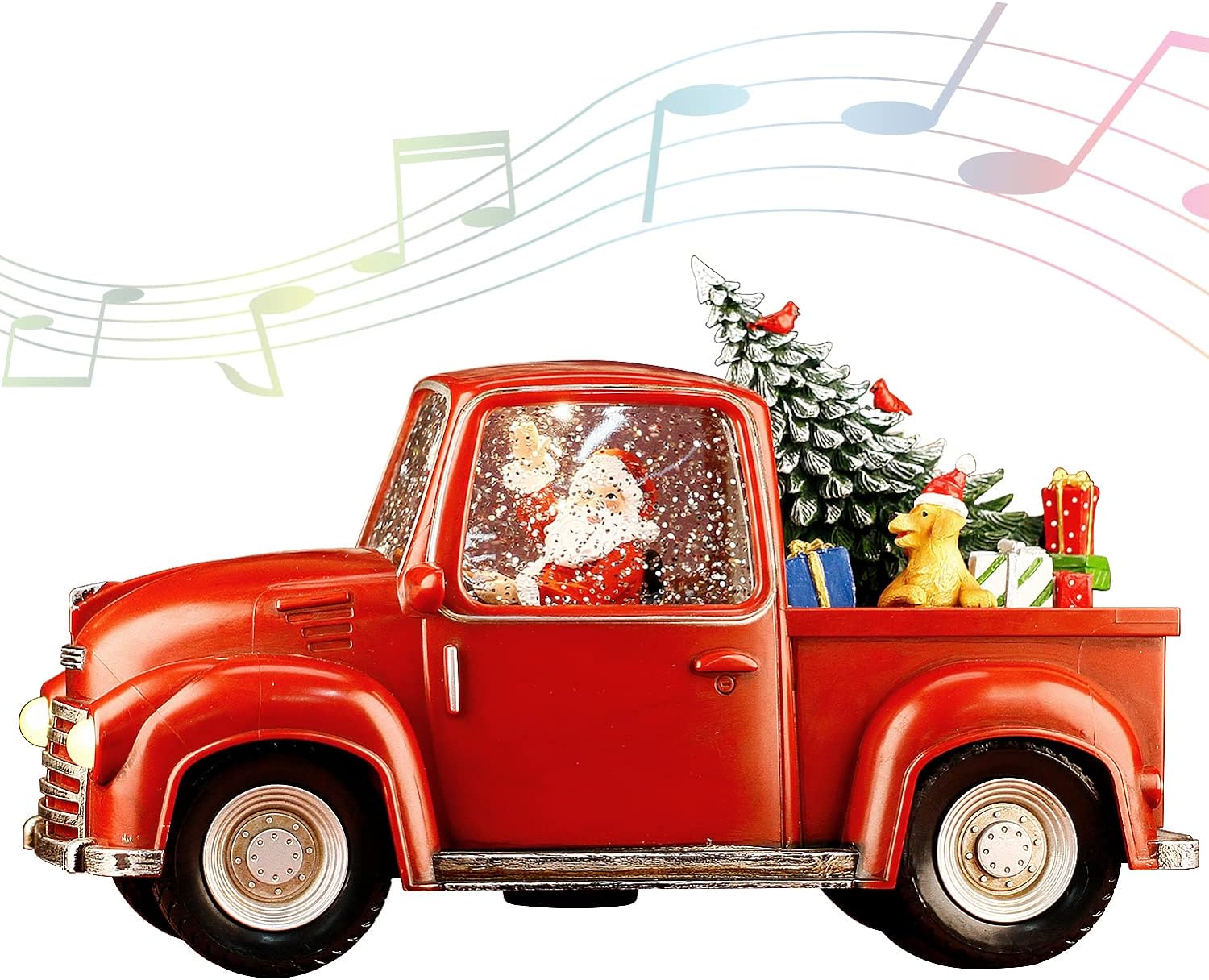 Lighted Vintage Red Truck Decor, 11.3" Musical Christmas Snow Globe with Swirlin...