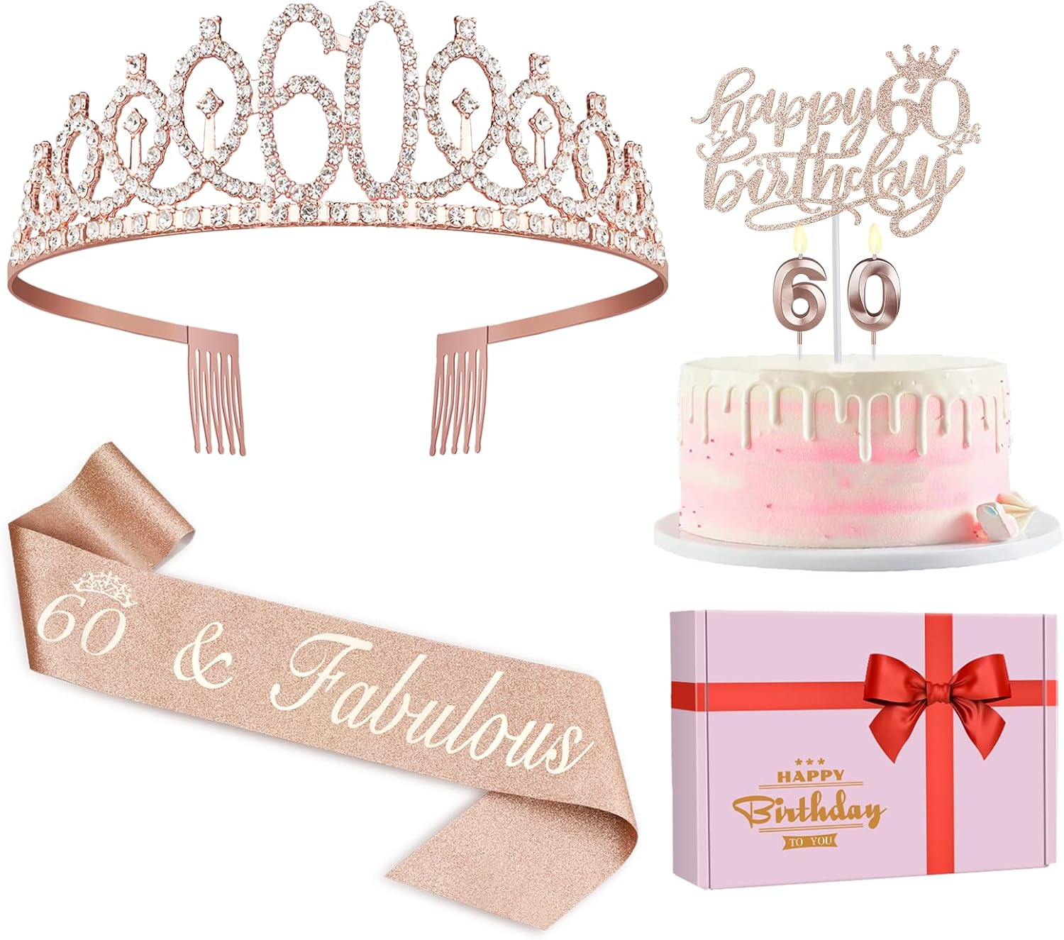 60th Birthday Decorations Women, Including 60th Birthday Crown/Tiara, Sash, Cake...