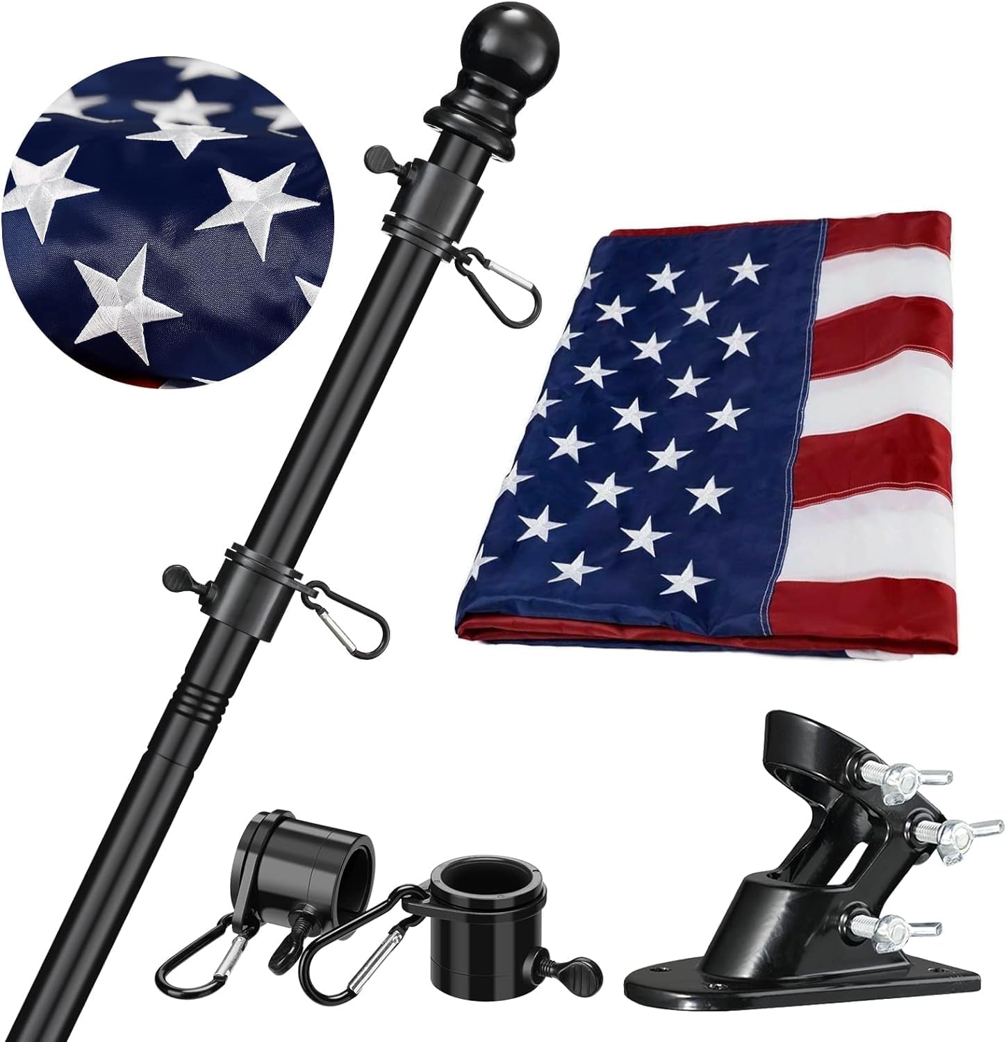 Flag Pole for House with American Flag-Black Flagpoles Residential Kit with 5FT...