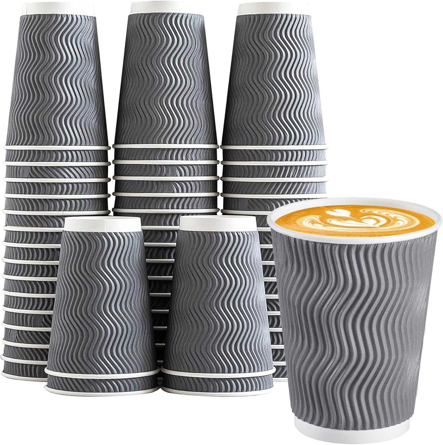 Lamosi 12 oz Insulated Coffee Cups Disposable - 50 Count Grey Paper Coffee Cups...