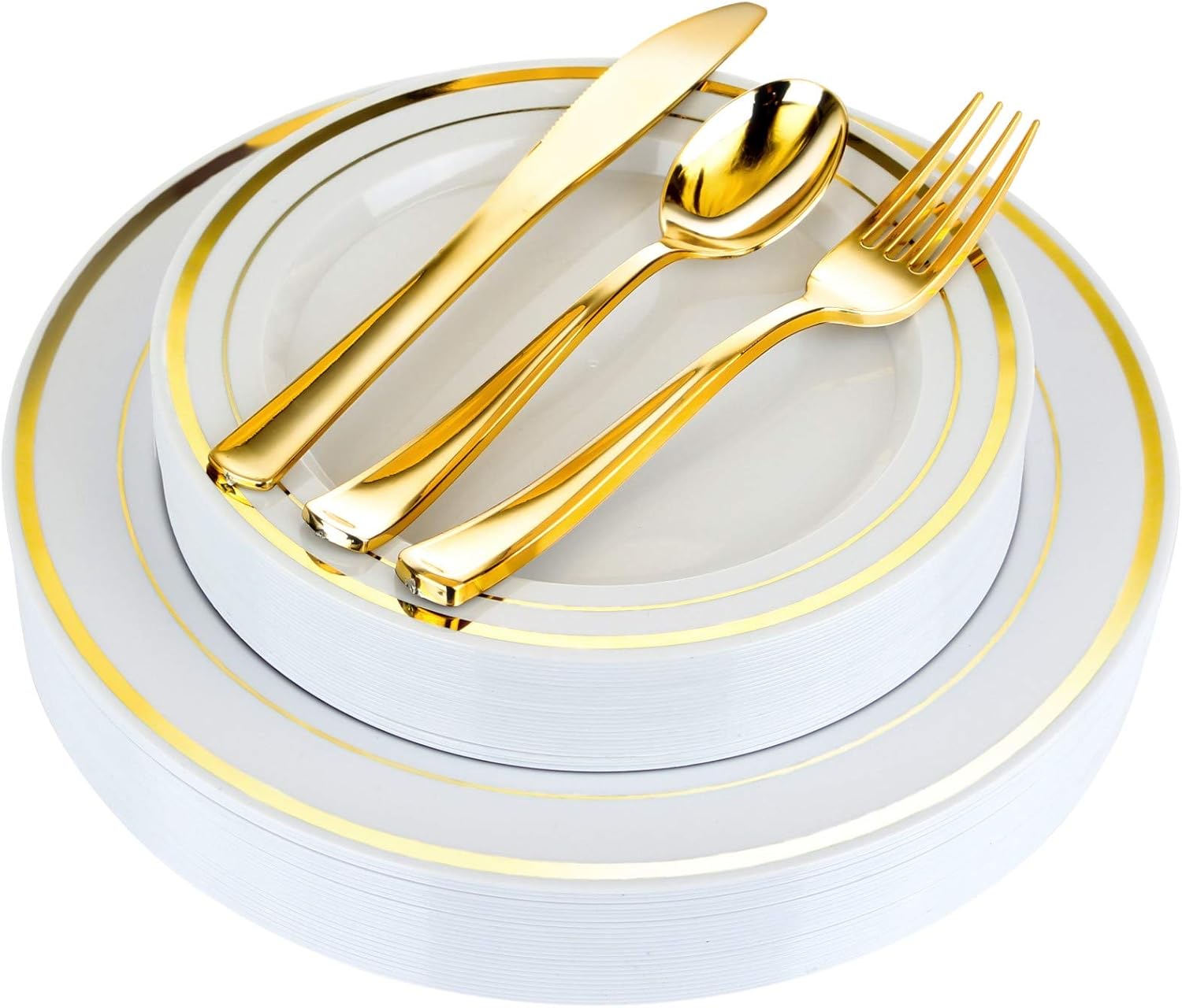 125-Piece White and Gold Fancy Plastic Plates Disposable with Silverware, Elegan...