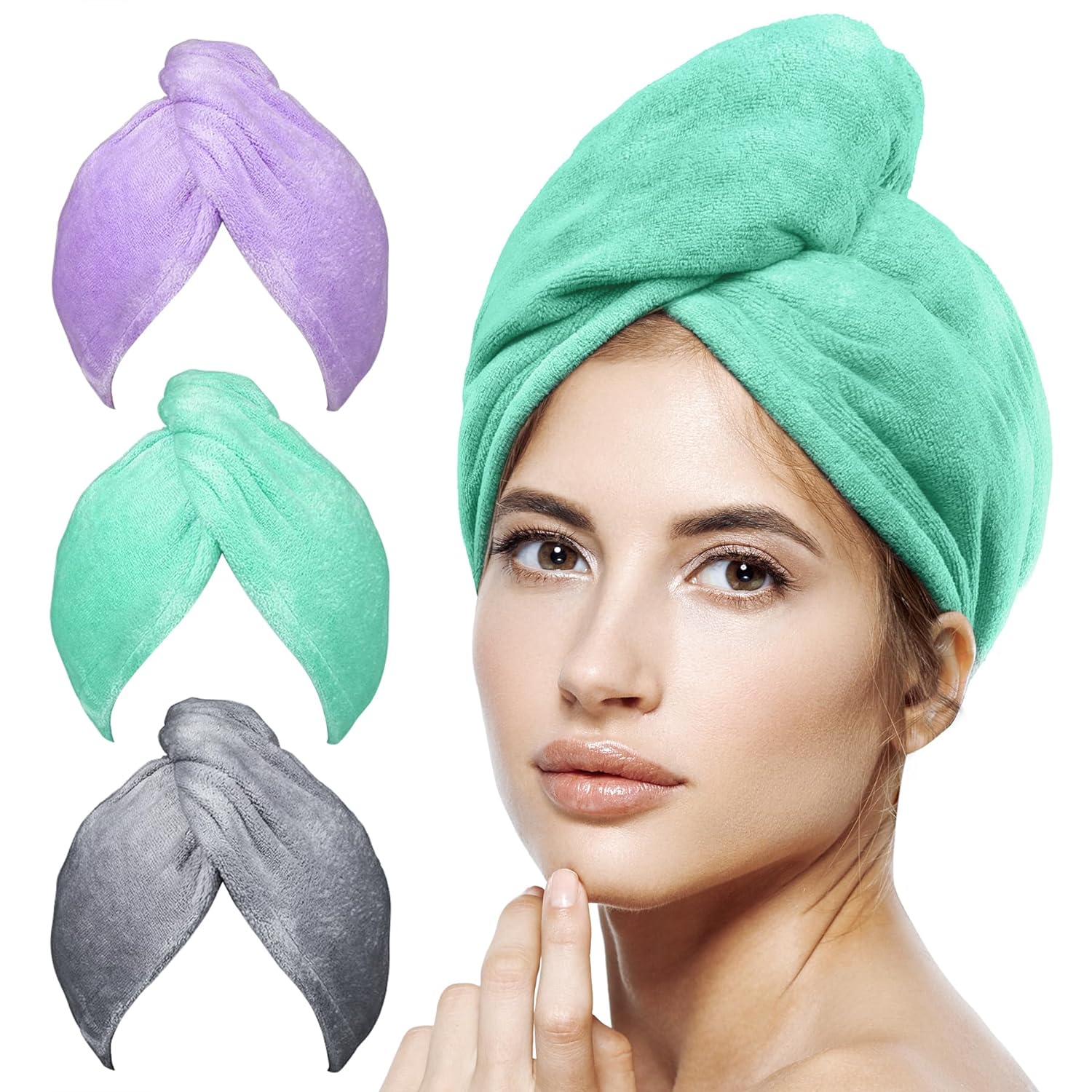 POPCHOSE Microfiber Hair Towel Wrap, 3 Packs Fast Drying Hair Turbans, Super Abs...
