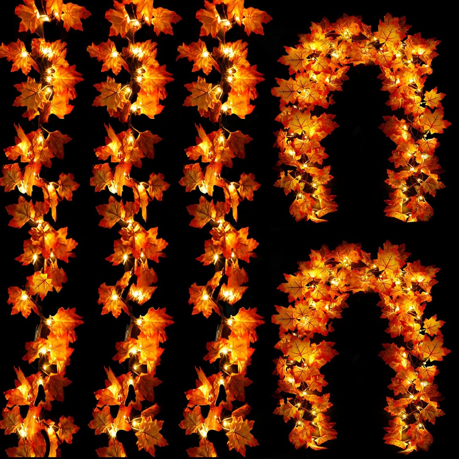 5 Pack Thanksgiving Decor Enlarged Maple Leafed Fall Garland with Lights, 50 Ft/...