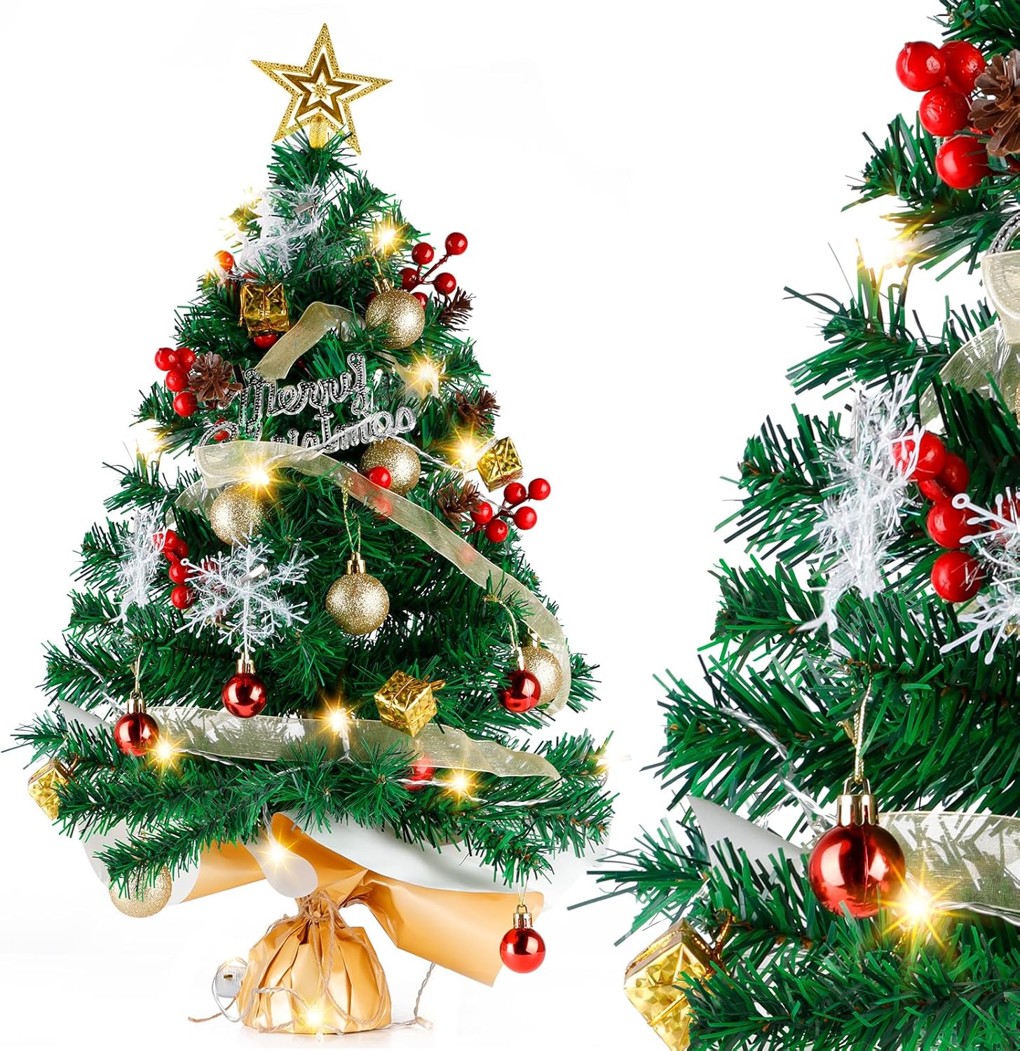 Mini Christmas Trees with Lights, Migaven 2ft/60cm Green Tabletop Christmas Tree...