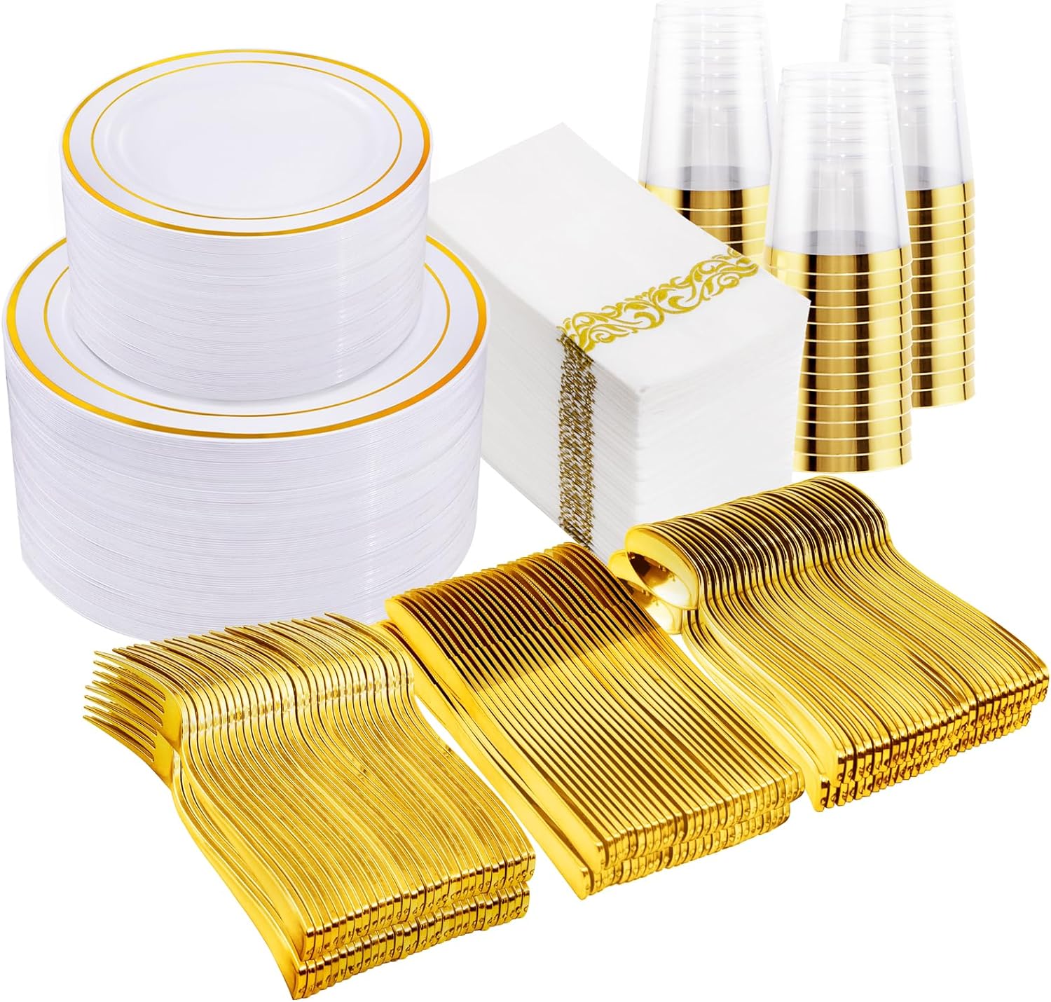 700 Pcs Gold Dinnerware Set, Plastic Dinnerware Set Perfect for 100 Guests Inclu...