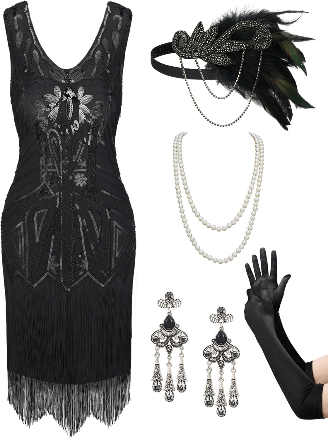 SWEETV Women's Vintage Flapper Dress 1920s,Great Gatsby Sequin Fringe dresses wi...