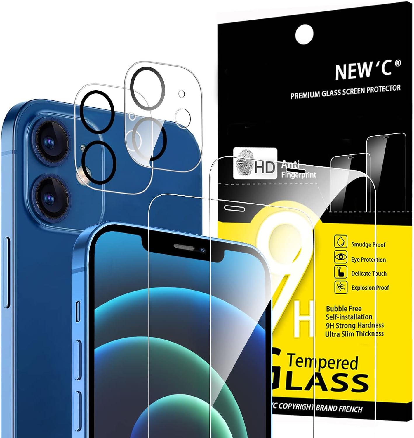 NEW'C 4 Pack, 2 Pack Screen Protector for iPhone 12 [6.1 inch] + 2 Pack Camera L...
