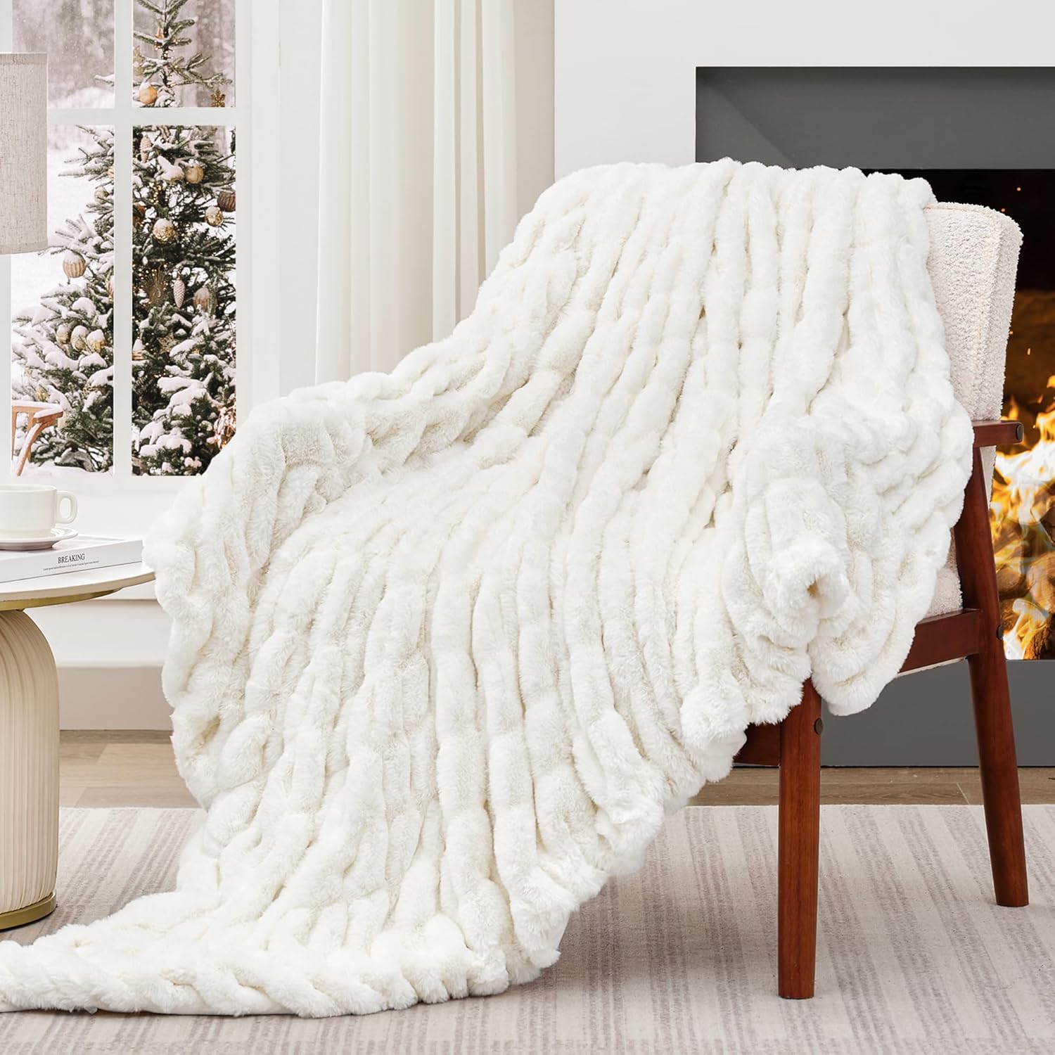 Touchat Ruched Faux Rabbit Fur Throw Blanket, 700 GSM Luxury Dual-Sided Soft Coz...