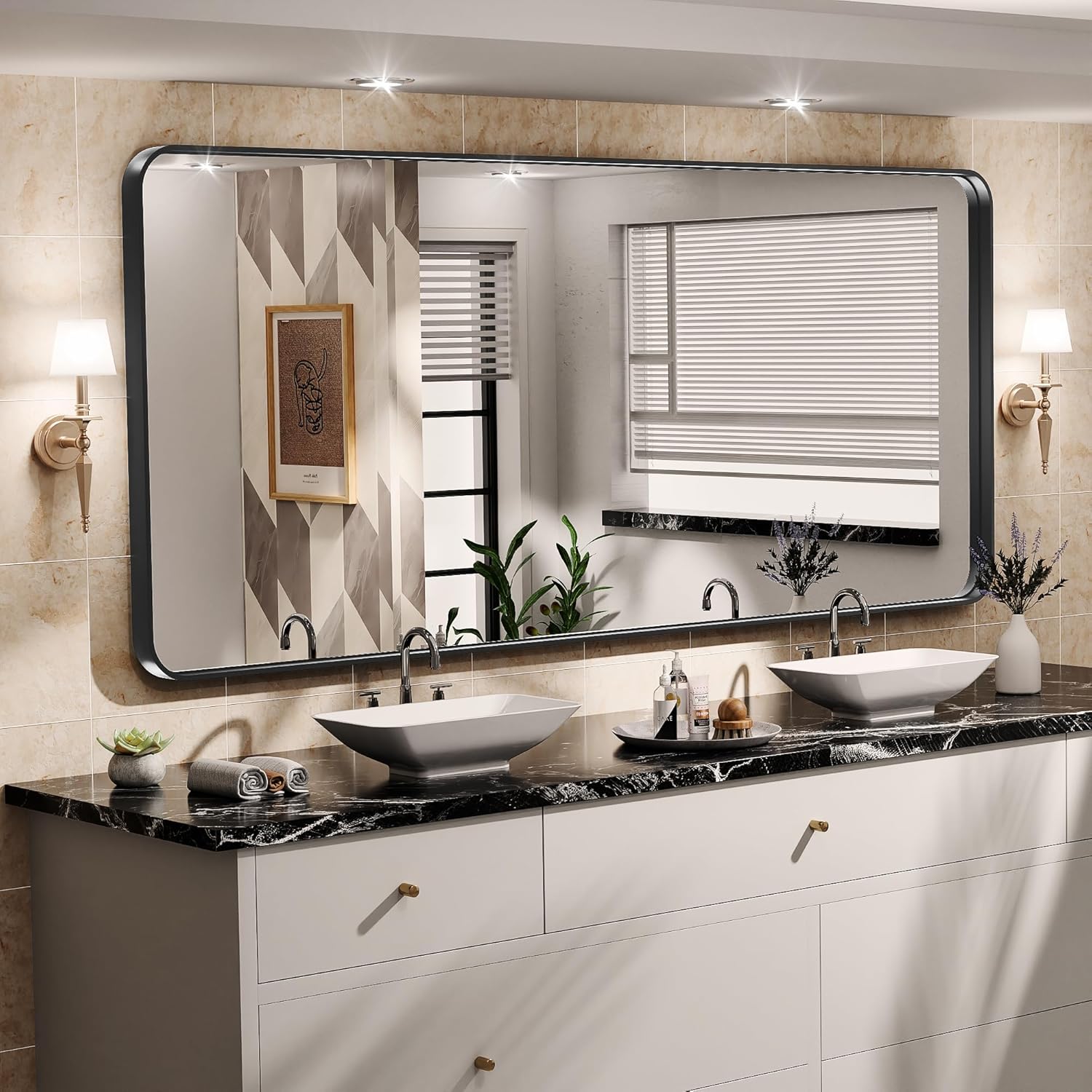 Hasipu Black Bathroom Mirror 63x35 Inch Rounded Rectangle Vanity Mirror Metal Fr...