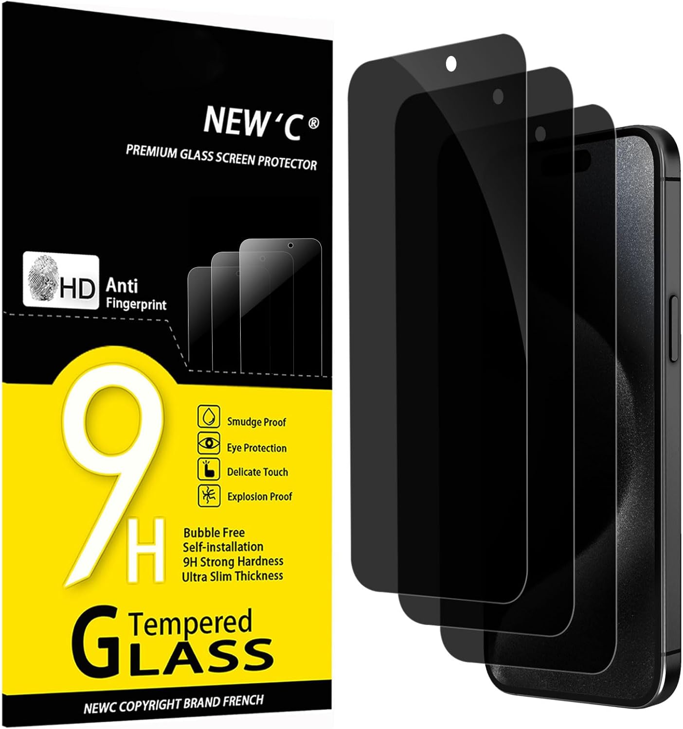 NEW'C 3 Pack Privacy Screen Protector for iPhone 15 Pro, iPhone 15 (6.1"), Enhan...