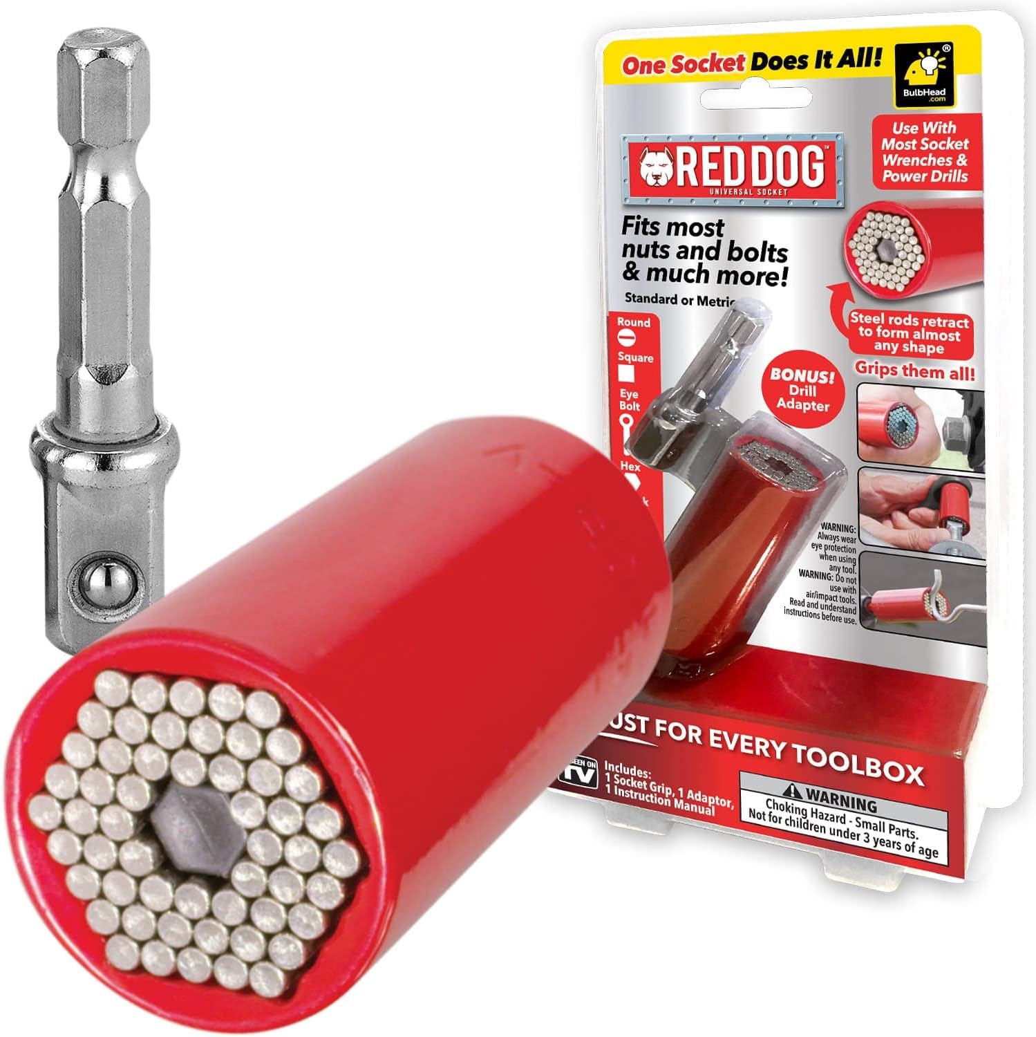 Red Dog Socket w/ Drill Adapter, Fits Most Nuts & Bolts, Use with Socket Wrenche...