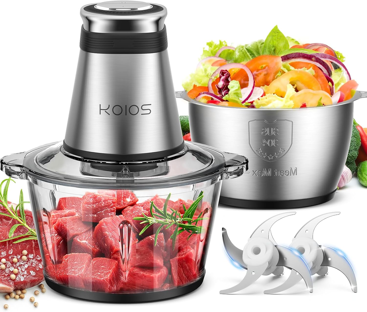 KOIOS Food Processor, 500W Electric Food Chopper with 2 Bowls (8 Cup+8 Cup) & 2...