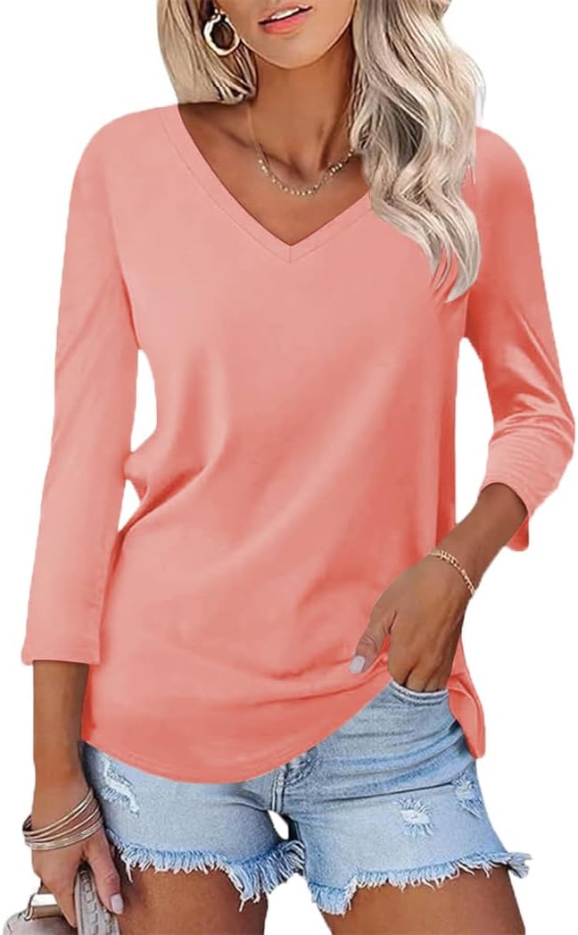 Poetsky Womens 3/4 Sleeve V Neck T Shirts Summer Casual Tops Basic Tees Large Pe...