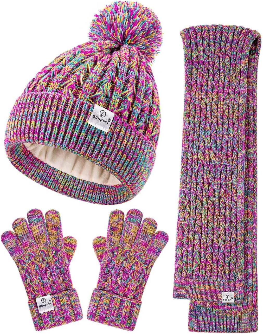 Kids Winter Hat Gloves Scarf Set,Girls Toddler Winter Hat Beanie with Pom Neck W...