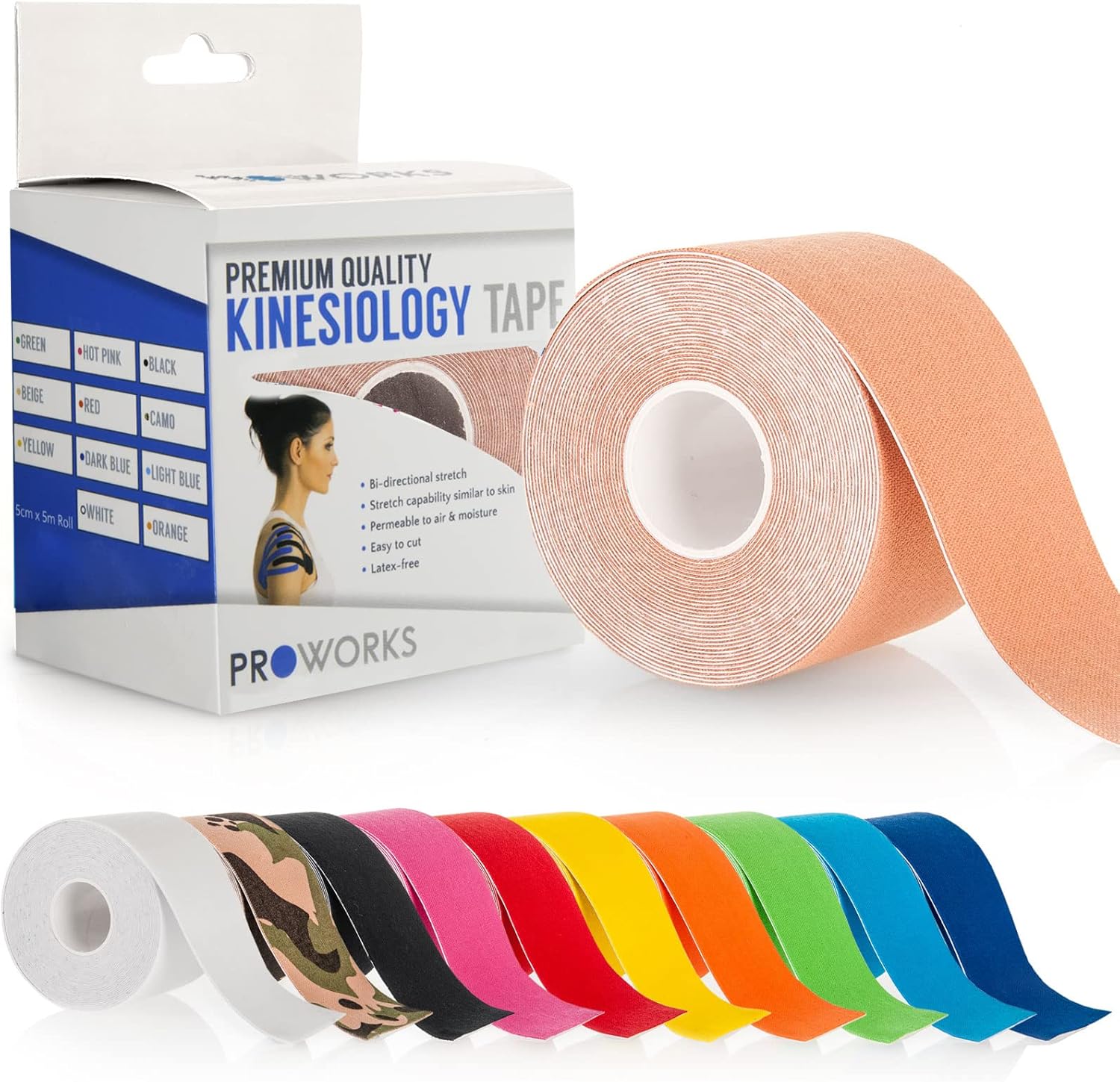 Proworks Kinesiology Tape | 5m Roll of Elastic Muscle Support Tape for Exercise,...
