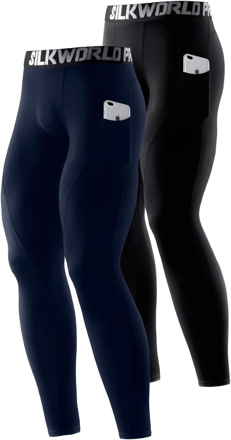 SILKWORLD Men's 1~3 Pack Compression Pants Pockets Cool Dry Gym Leggings Baselay...