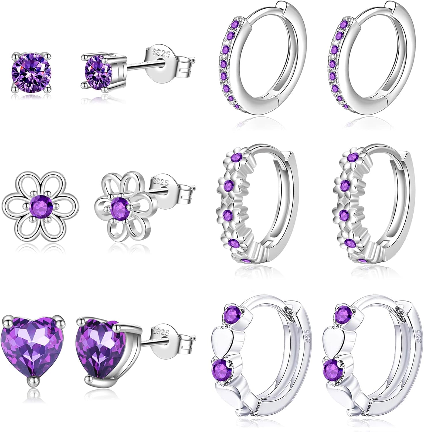 6 Pairs Huggie Hoop Earrings for Girls 925 Sterling Silver Stud Sets Cute Kids H...