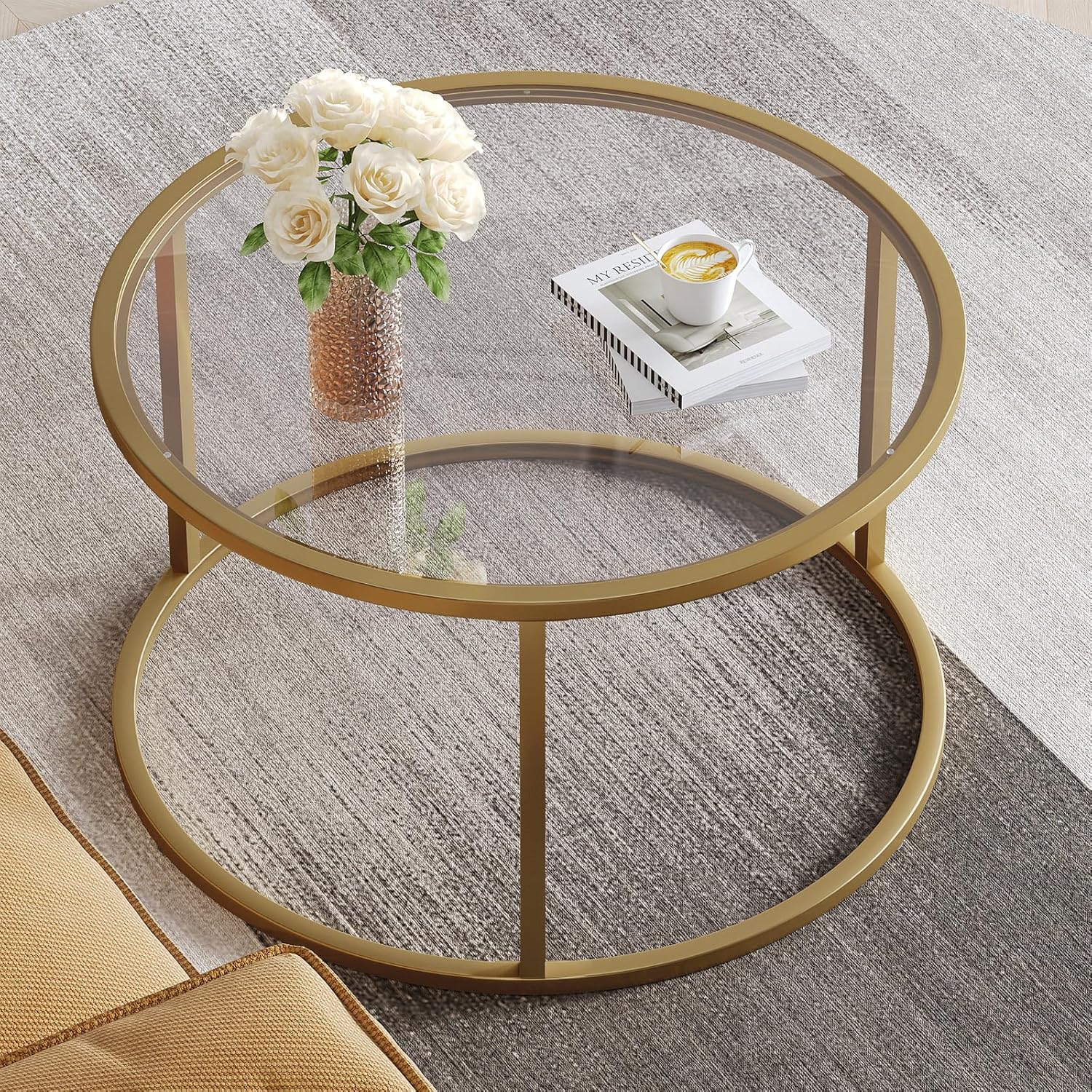 SAYGOER Small Glass Coffee Table Round Gold Coffee Table for Small Space Modern...