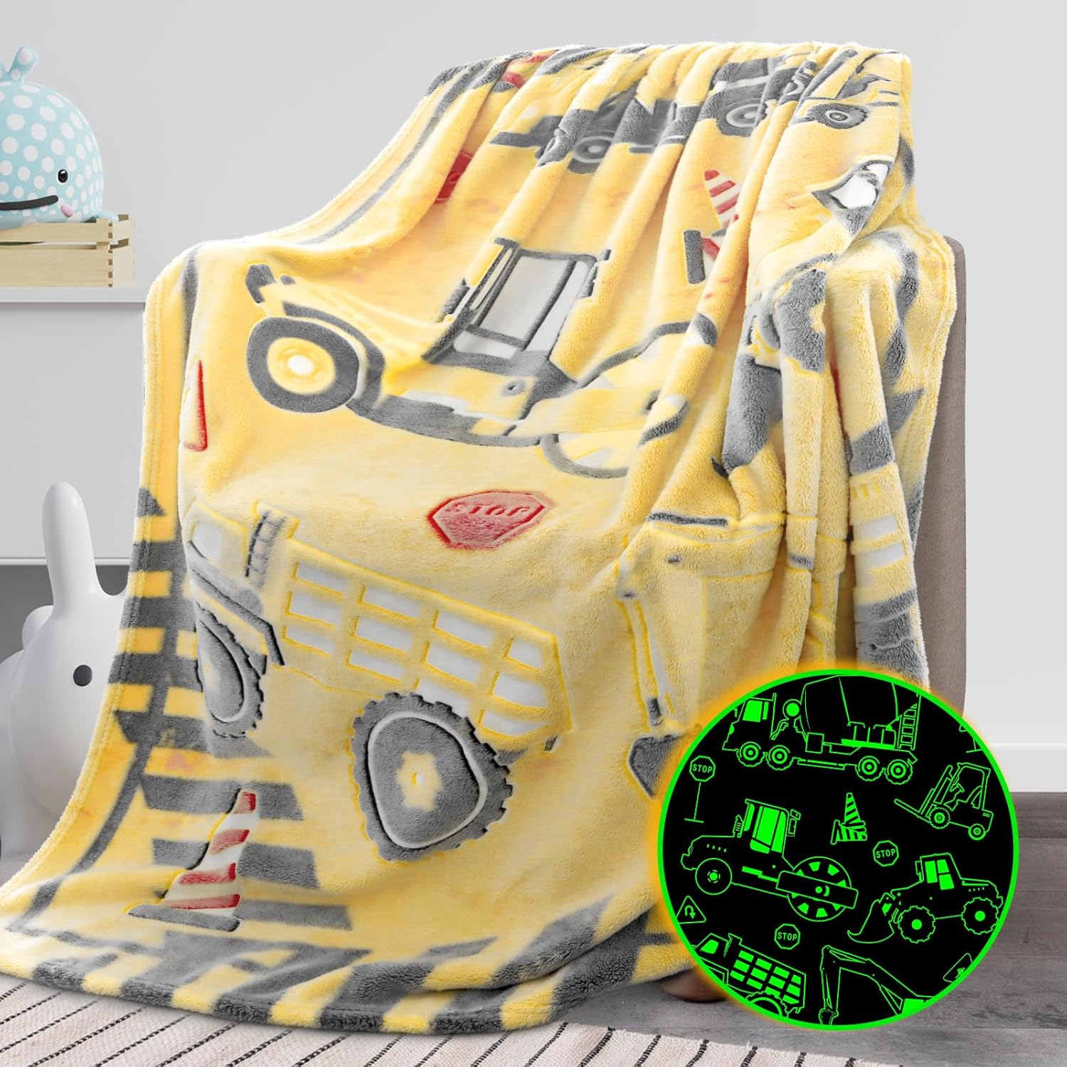REXEO Tractor Blanket Glow in The Dark Truck Blanket for Kids Cute Soft Excavato...