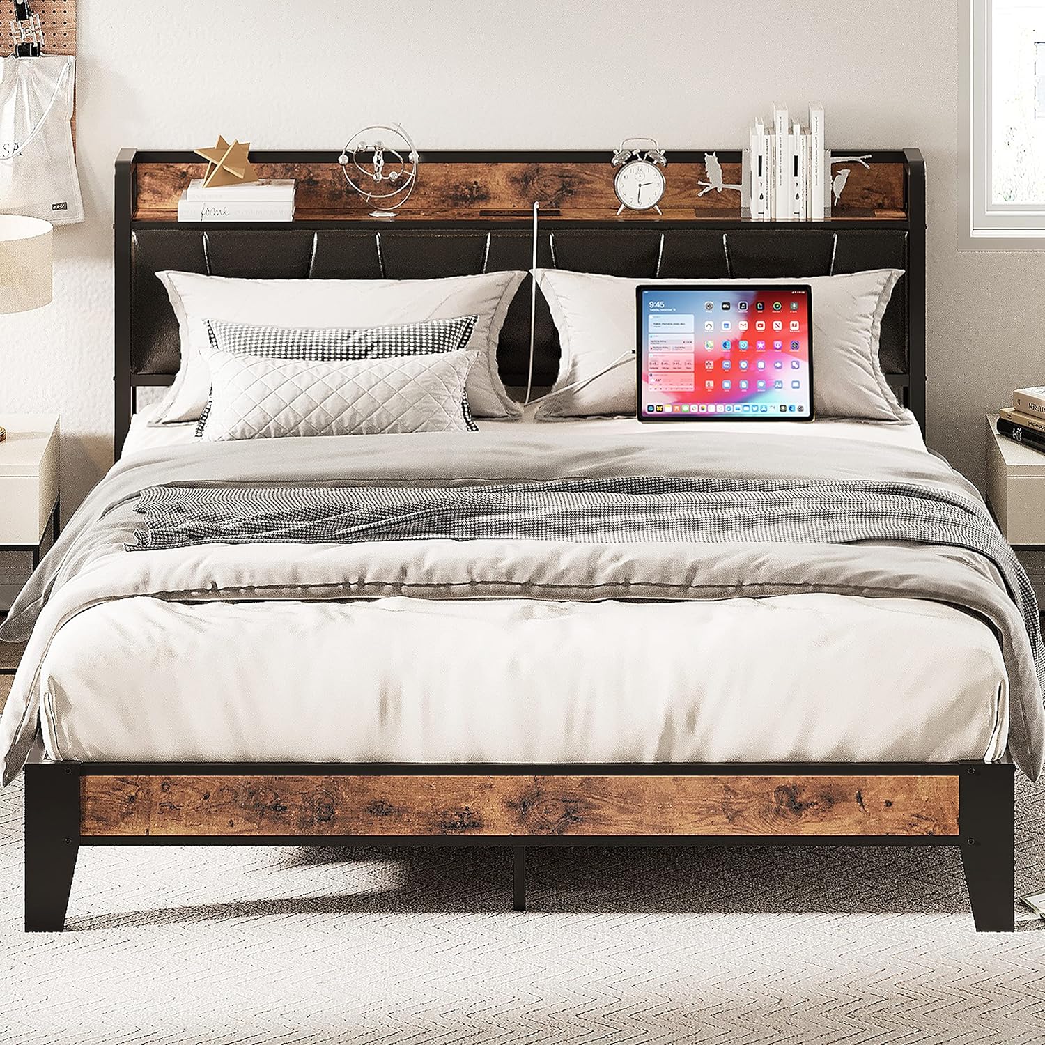 LIKIMIO Queen Bed Frame, Storage Headboard with Charging Station, Solid and Stab...