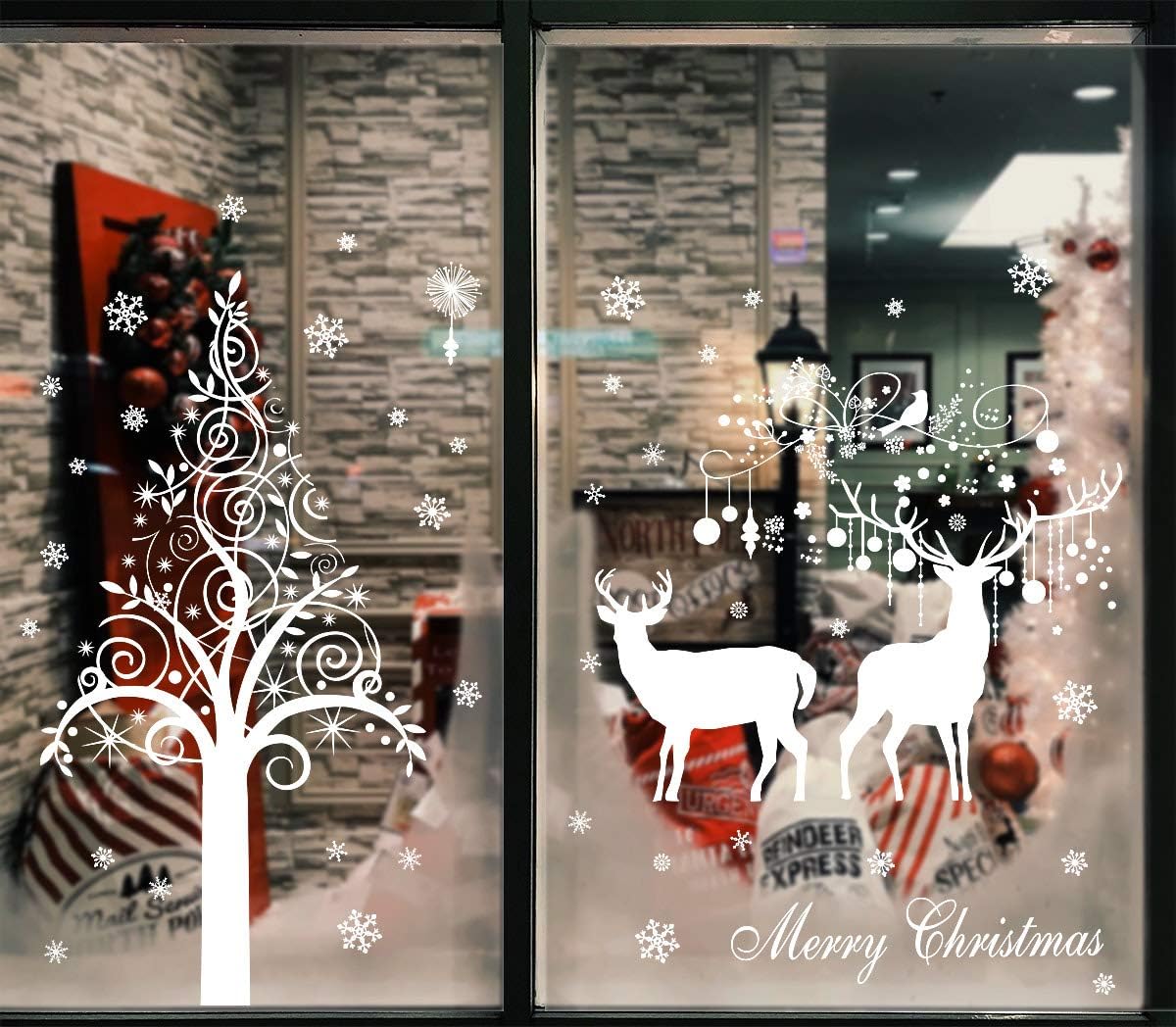 heekpek Large White Christmas Tree Reindeer Door Cover Window Stickers Removable...