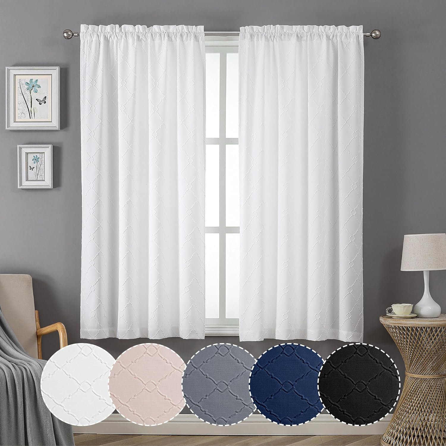 OWENIE Light Filtering White Curtains 63 Inch Length for Bedroom 2 Panels Set, 3...