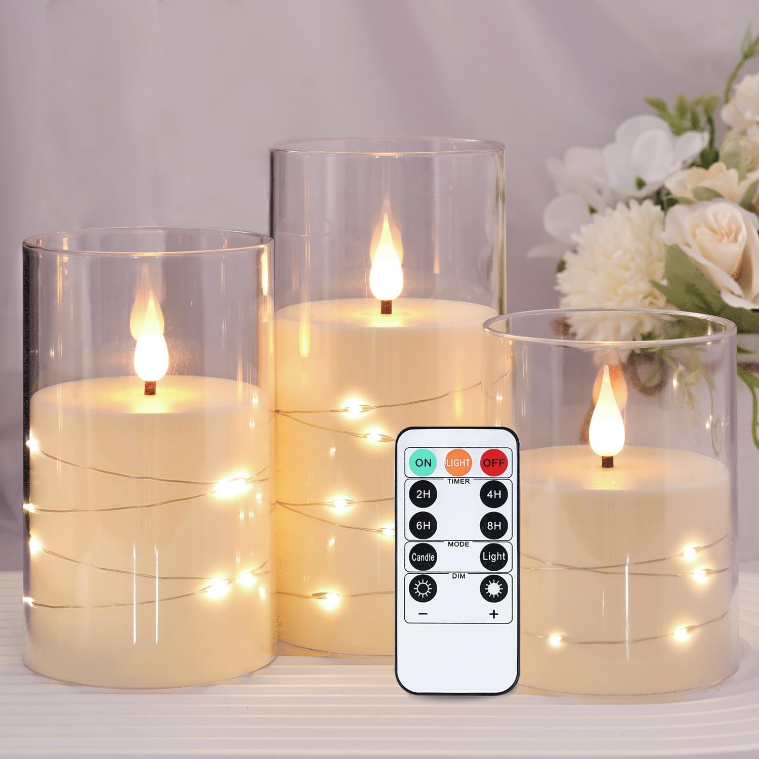 Flashing Flameless Candle with String Light, Battery Powered Candle, Recessed St...