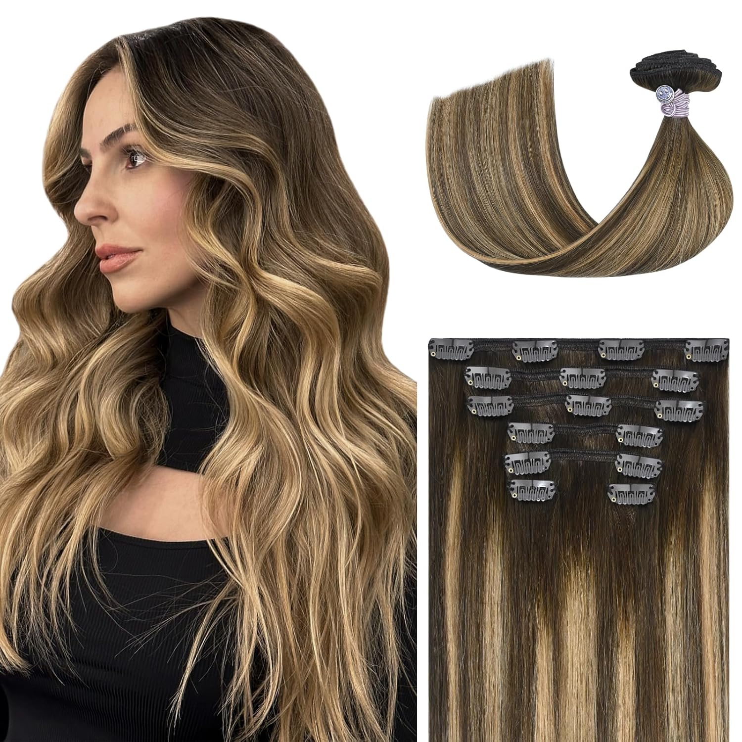 Ukira Clip in Hair Extensions Real Human Hair, Balayage Hair Extensions 70g 20 I...