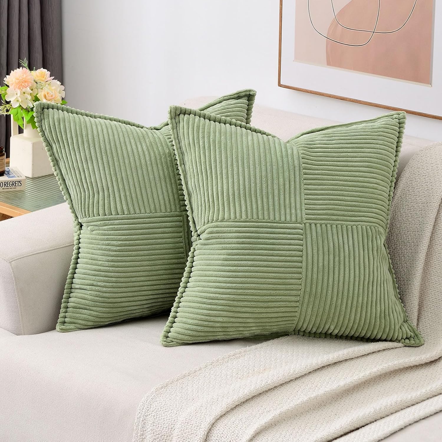 HAUSSY Sage Green Large Decorative Throw Pillow Covers, Special Cushion Case wit...